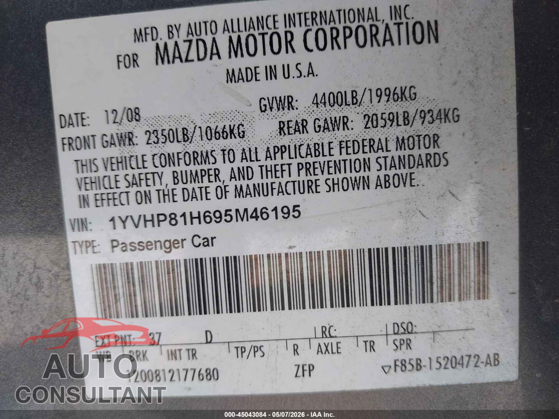 MAZDA MAZDA6 2009 - 1YVHP81H695M46195