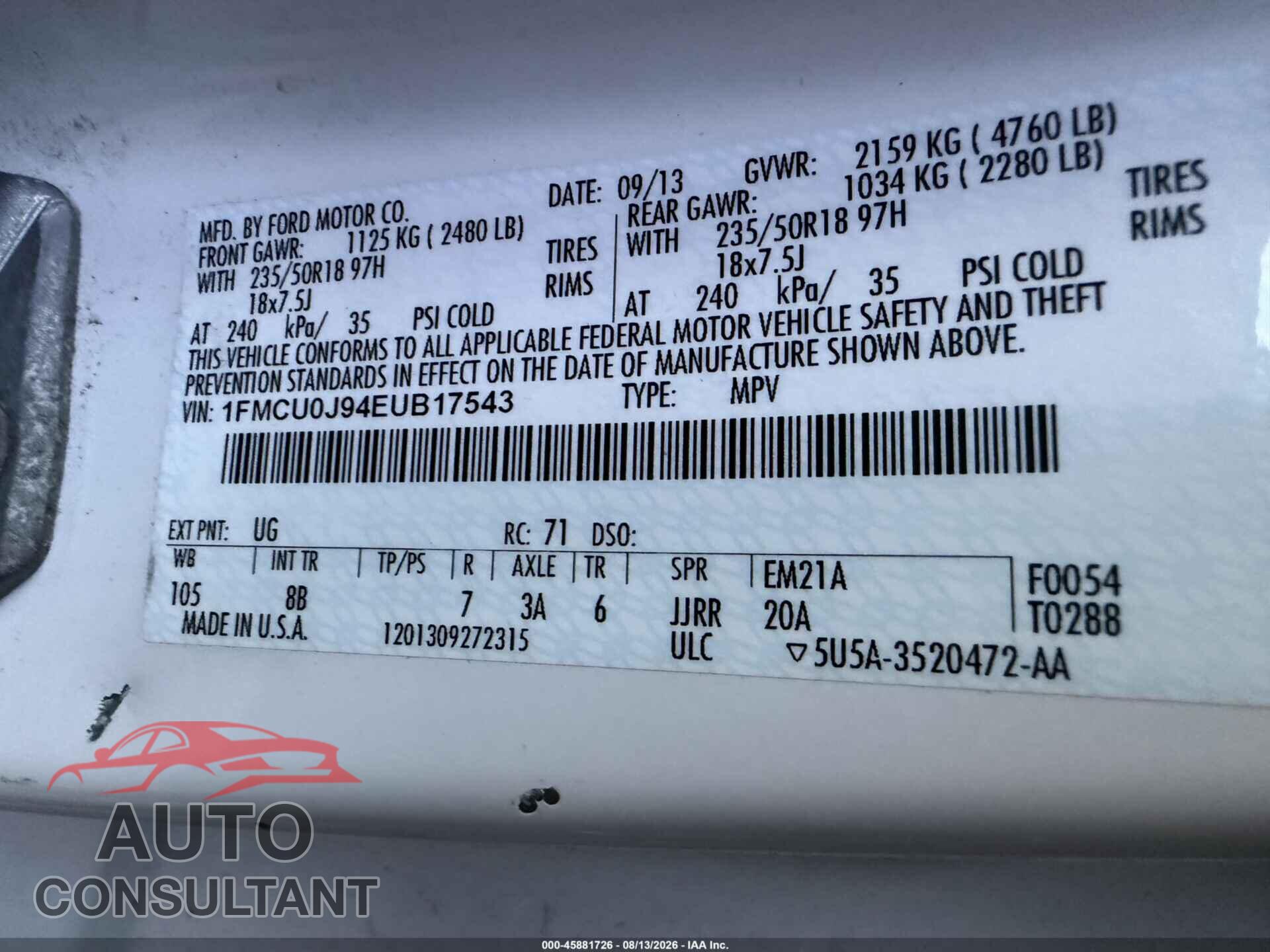 FORD ESCAPE 2014 - 1FMCU0J94EUB17543