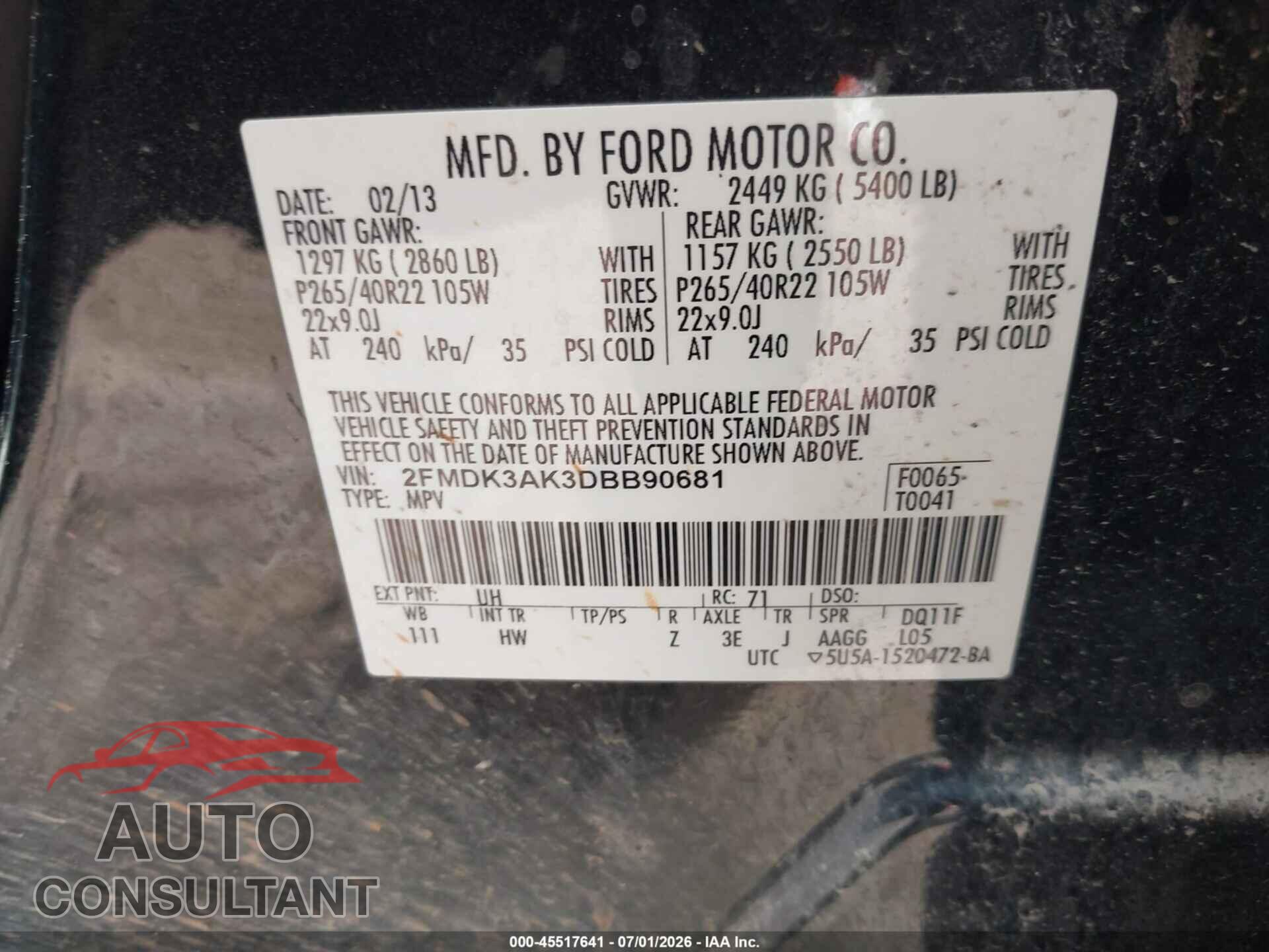 FORD EDGE 2013 - 2FMDK3AK3DBB90681
