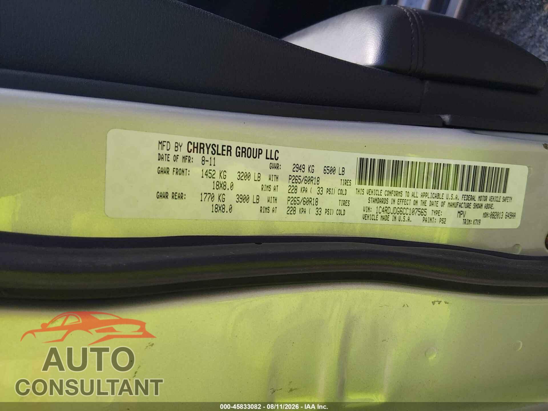 DODGE DURANGO 2012 - 1C4RDJDG6CC107565