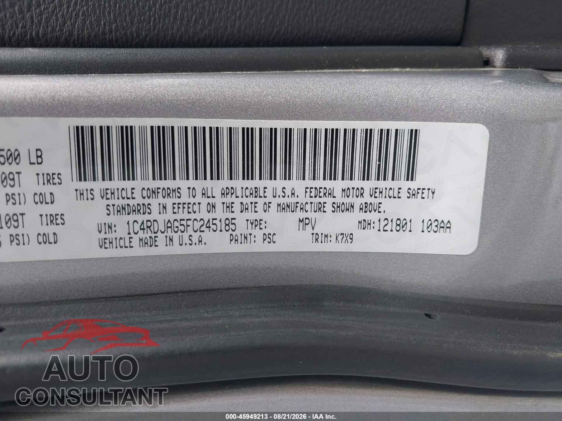 DODGE DURANGO 2015 - 1C4RDJAG5FC245185
