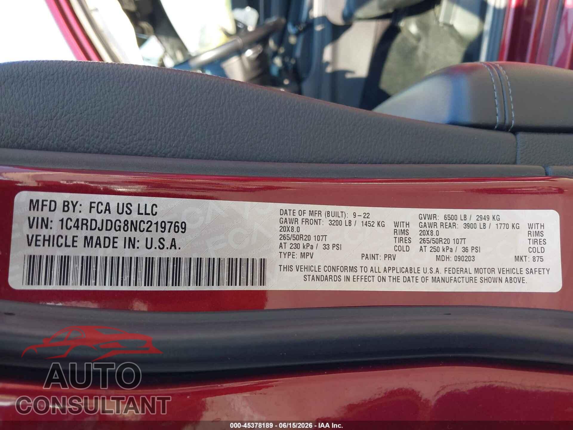 DODGE DURANGO 2022 - 1C4RDJDG8NC219769