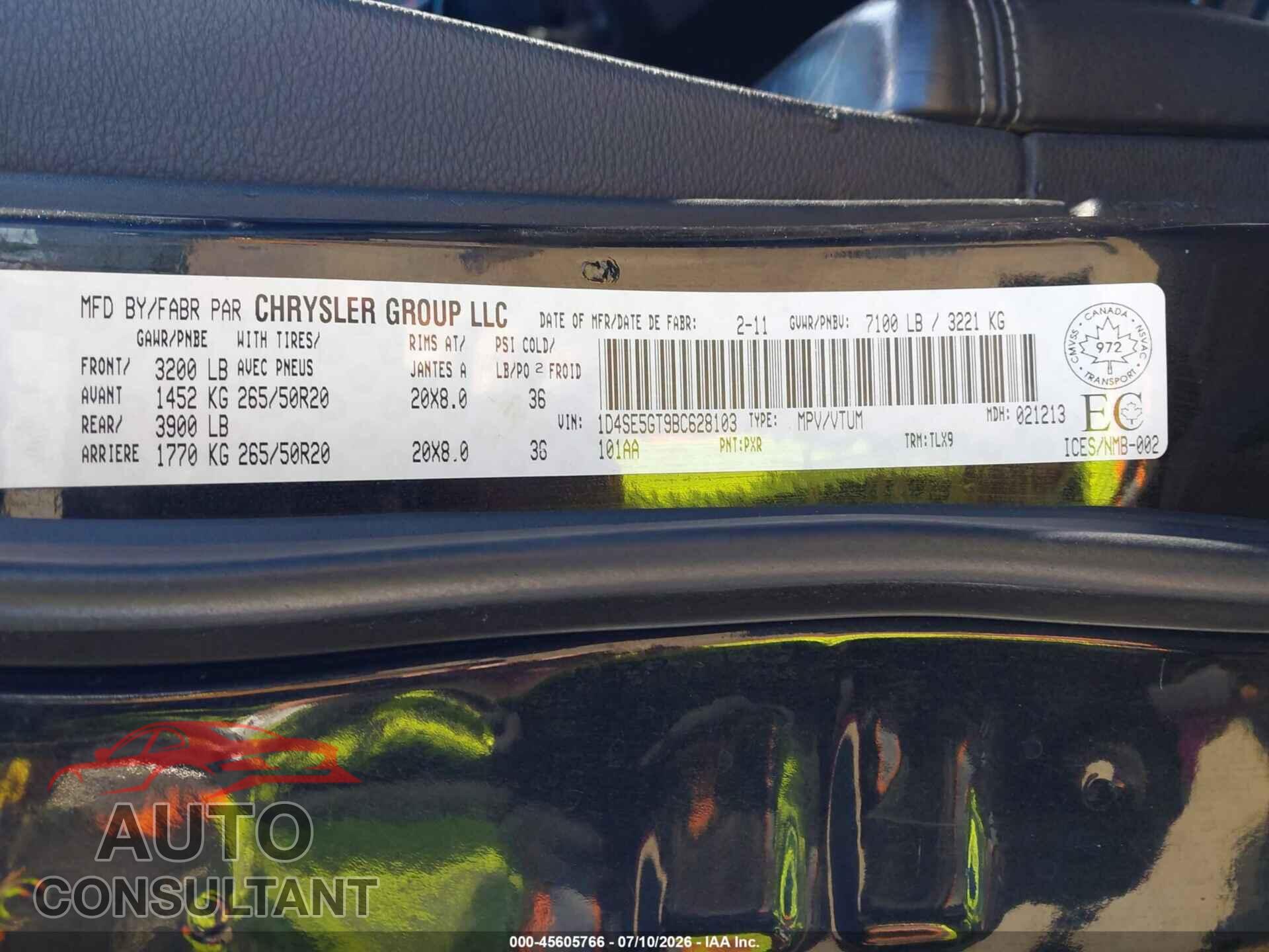 DODGE DURANGO 2011 - 1D4SE5GT9BC628103