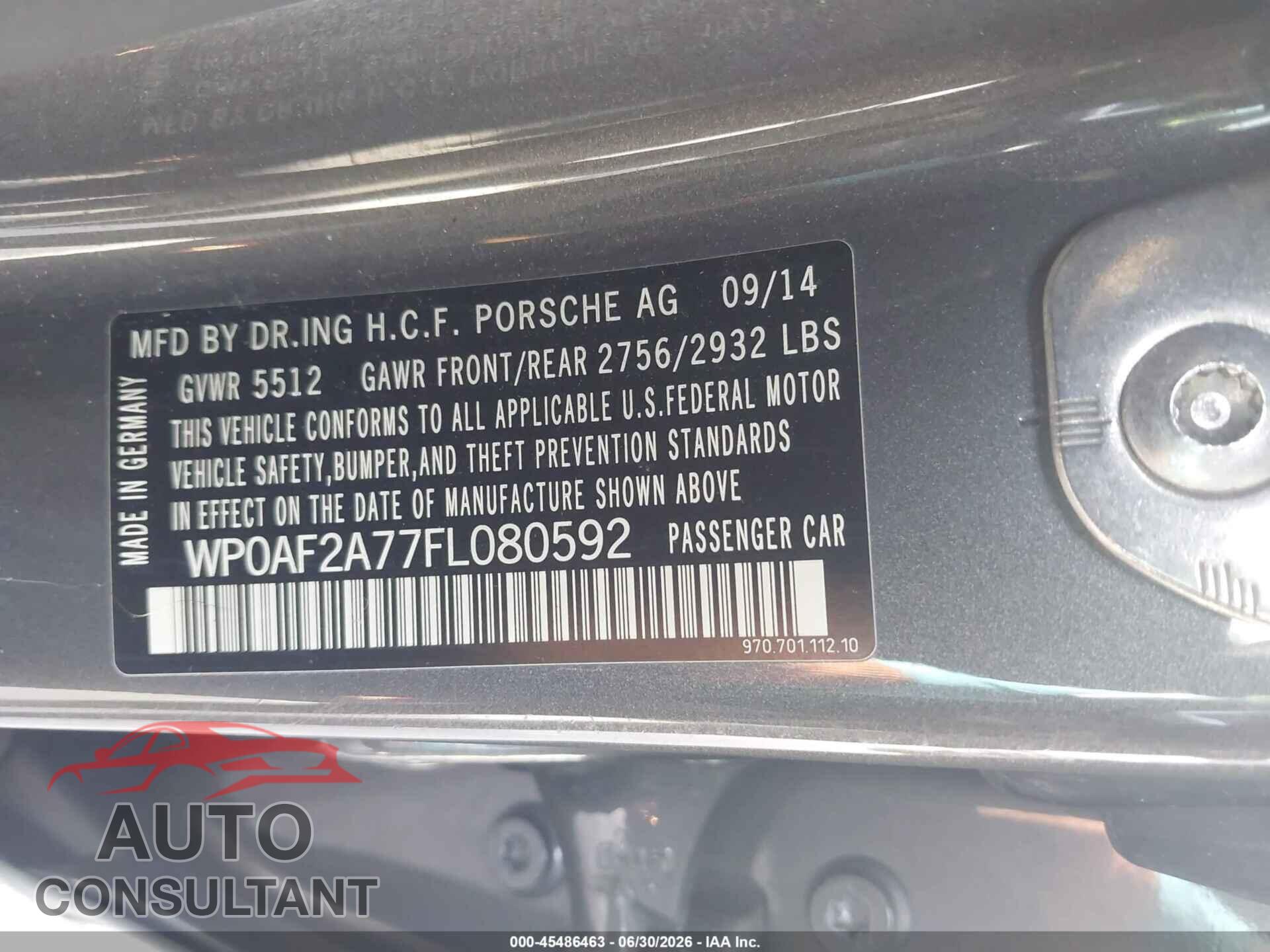 PORSCHE PANAMERA 2015 - WP0AF2A77FL080592