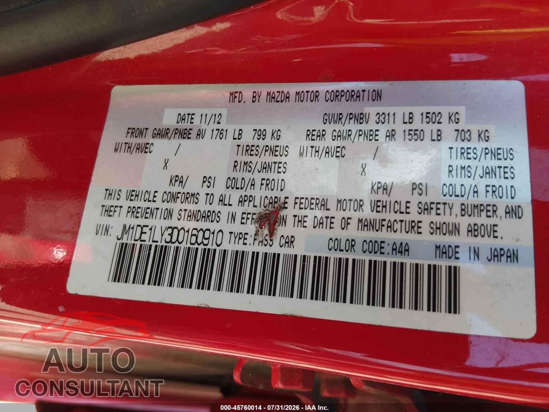 MAZDA MAZDA2 2013 - JM1DE1LY3D0160910