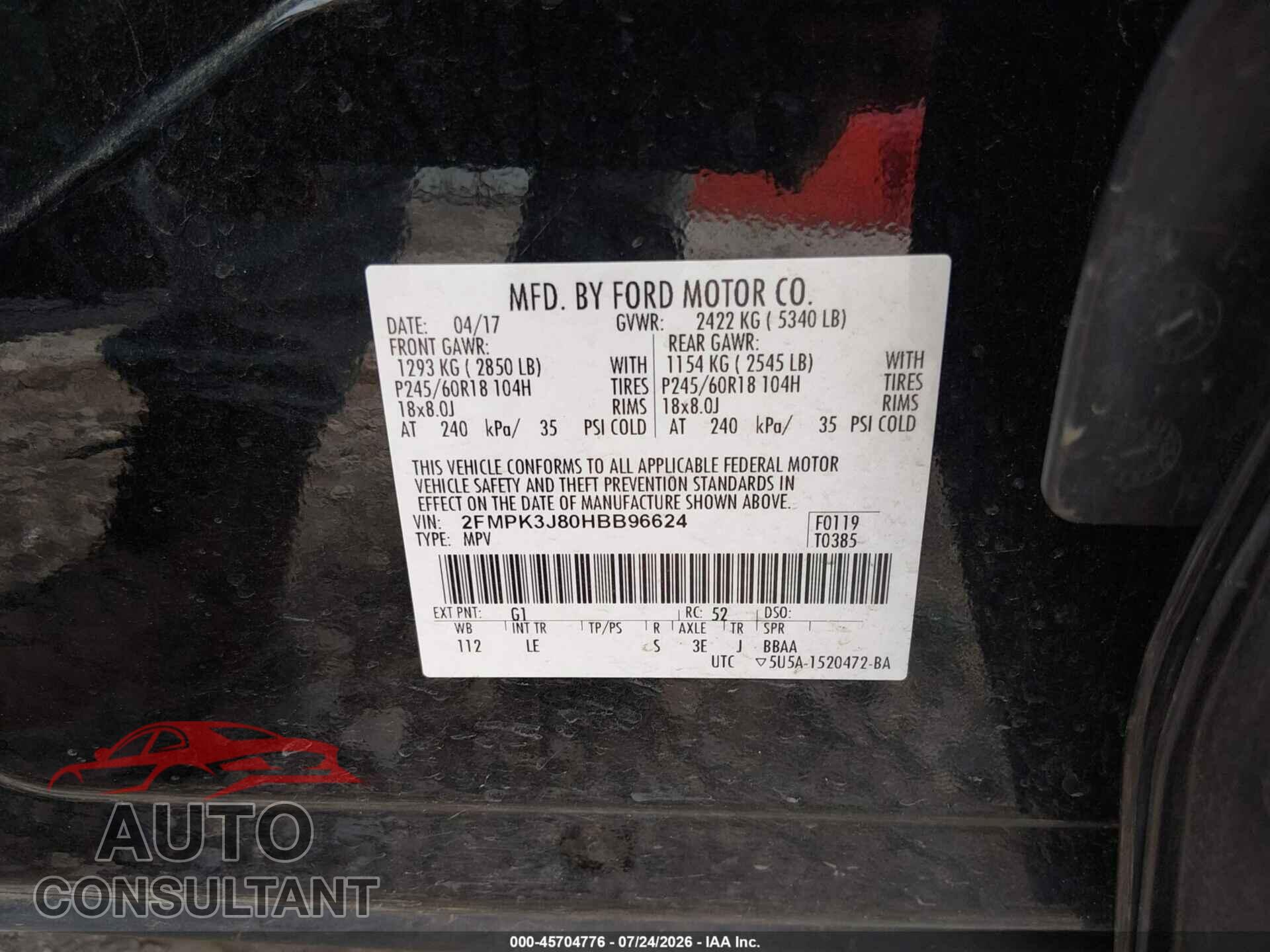 FORD EDGE 2017 - 2FMPK3J80HBB96624