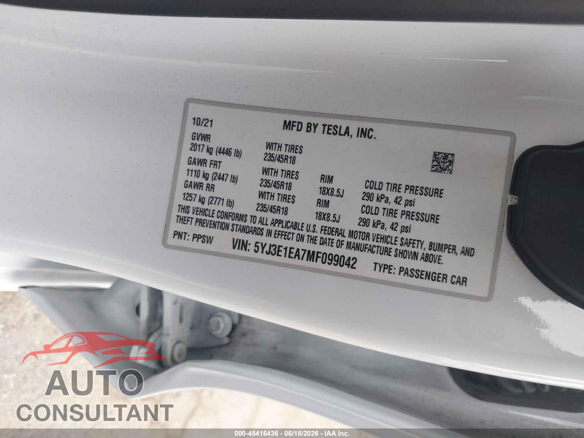 TESLA MODEL 3 2021 - 5YJ3E1EA7MF099042