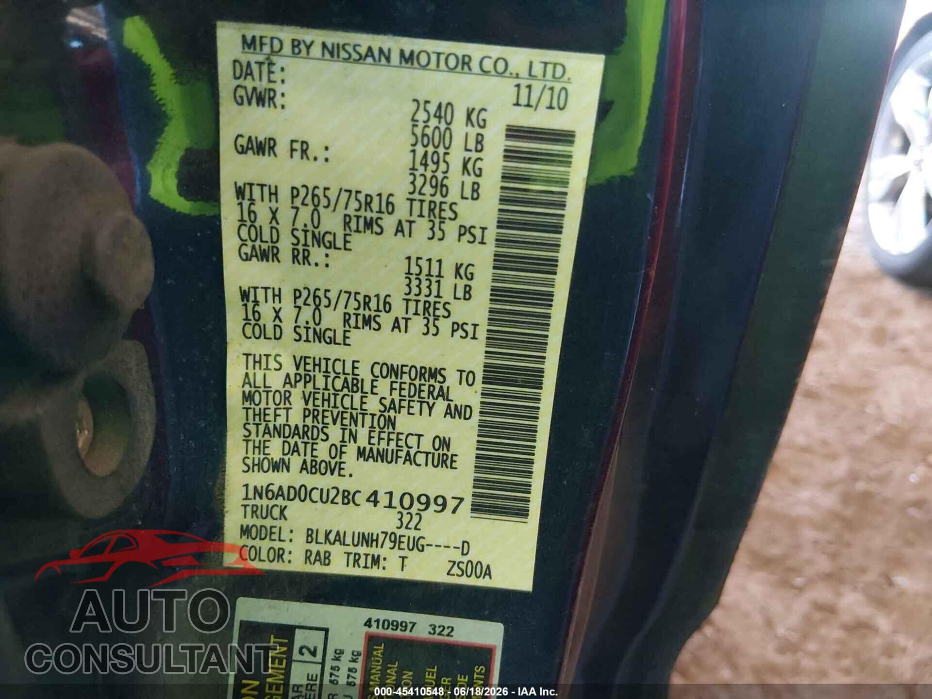 NISSAN FRONTIER 2011 - 1N6AD0CU2BC410997
