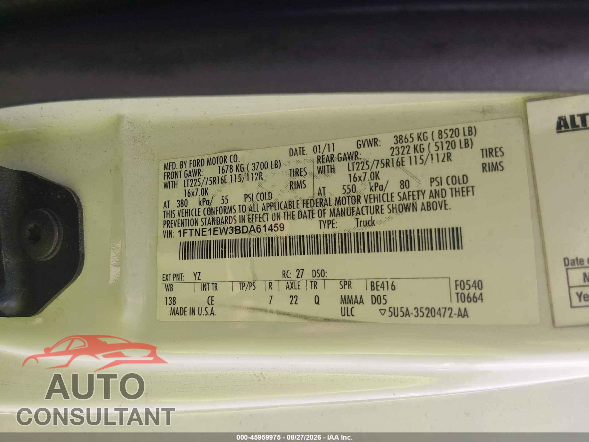 FORD E-150 2011 - 1FTNE1EW3BDA61459