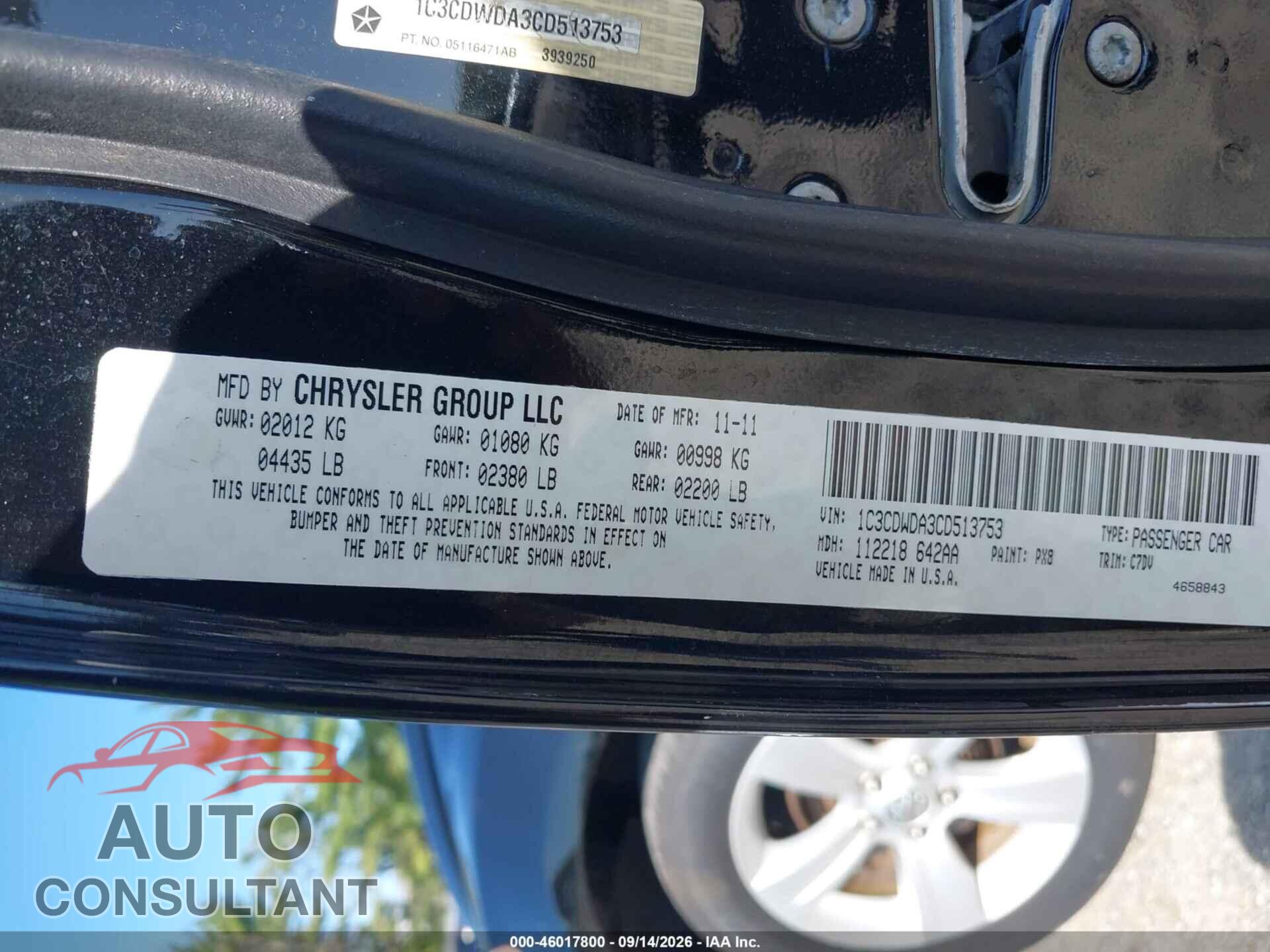 DODGE CALIBER 2012 - 1C3CDWDA3CD513753