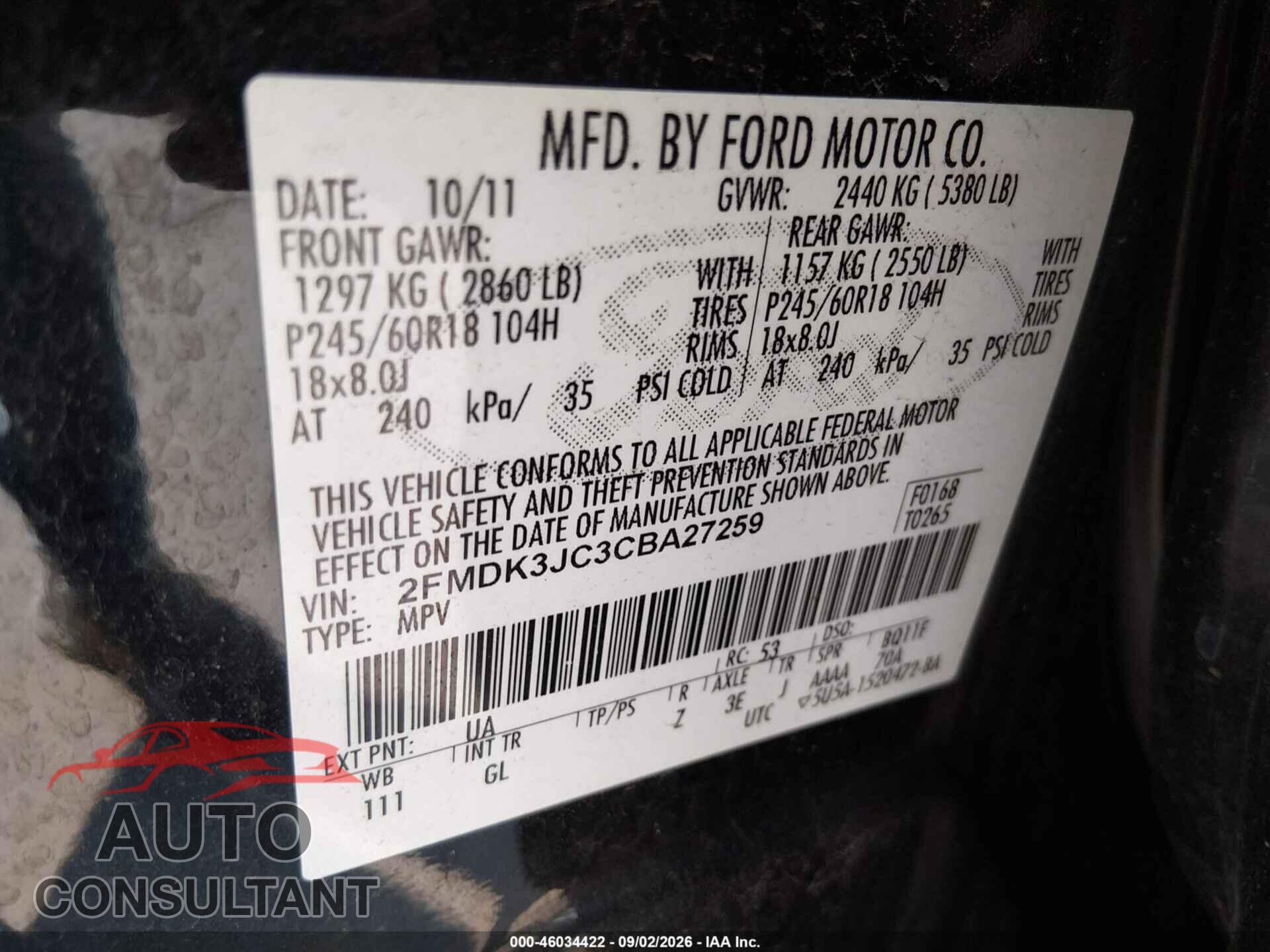 FORD EDGE 2012 - 2FMDK3JC3CBA27259