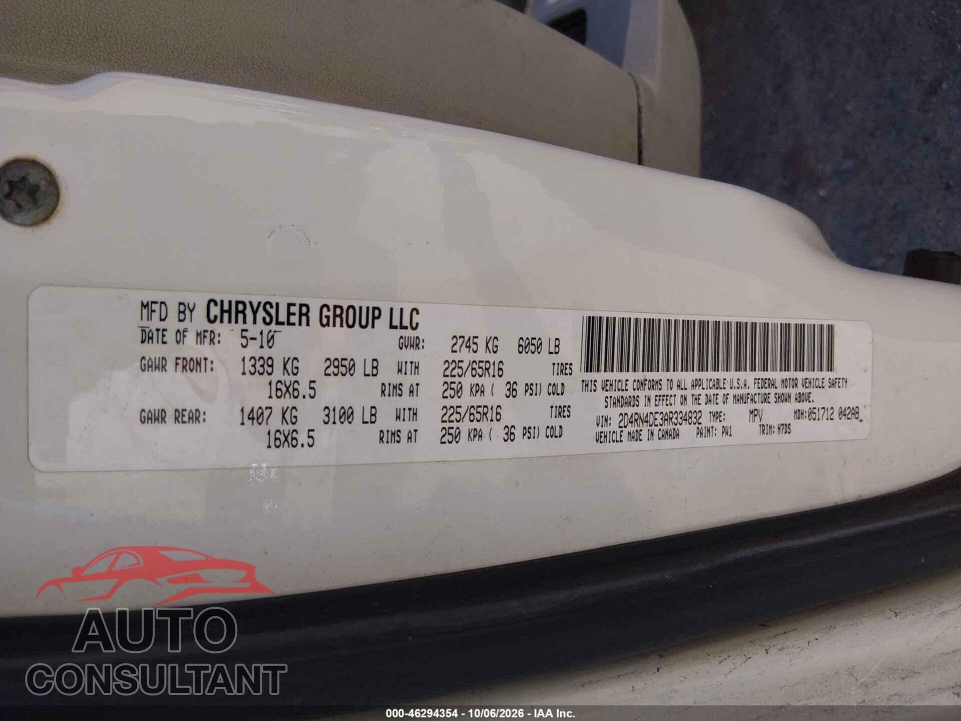DODGE GRAND CARAVAN 2010 - 2D4RN4DE3AR334832