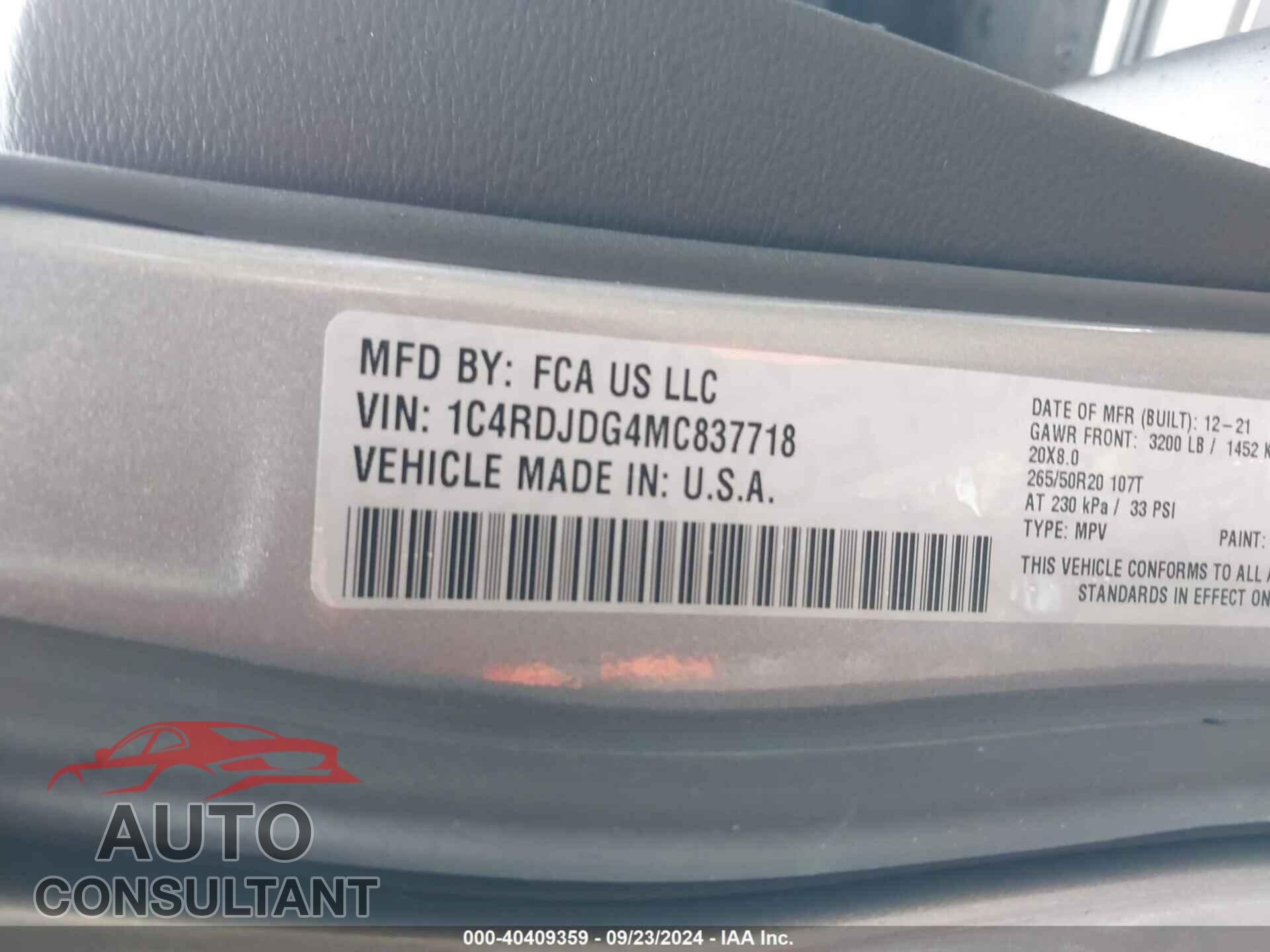 DODGE DURANGO 2021 - 1C4RDJDG4MC837718