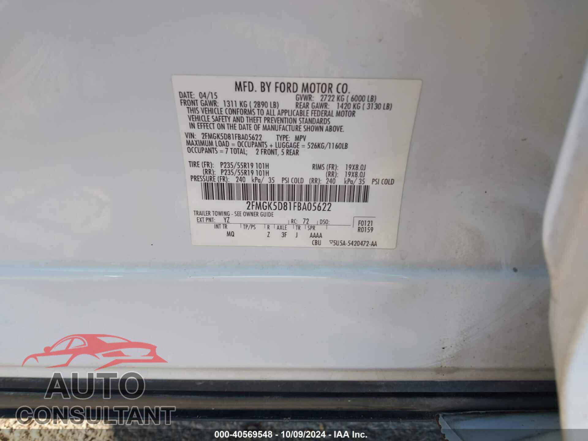 FORD FLEX 2015 - 2FMGK5D81FBA05622