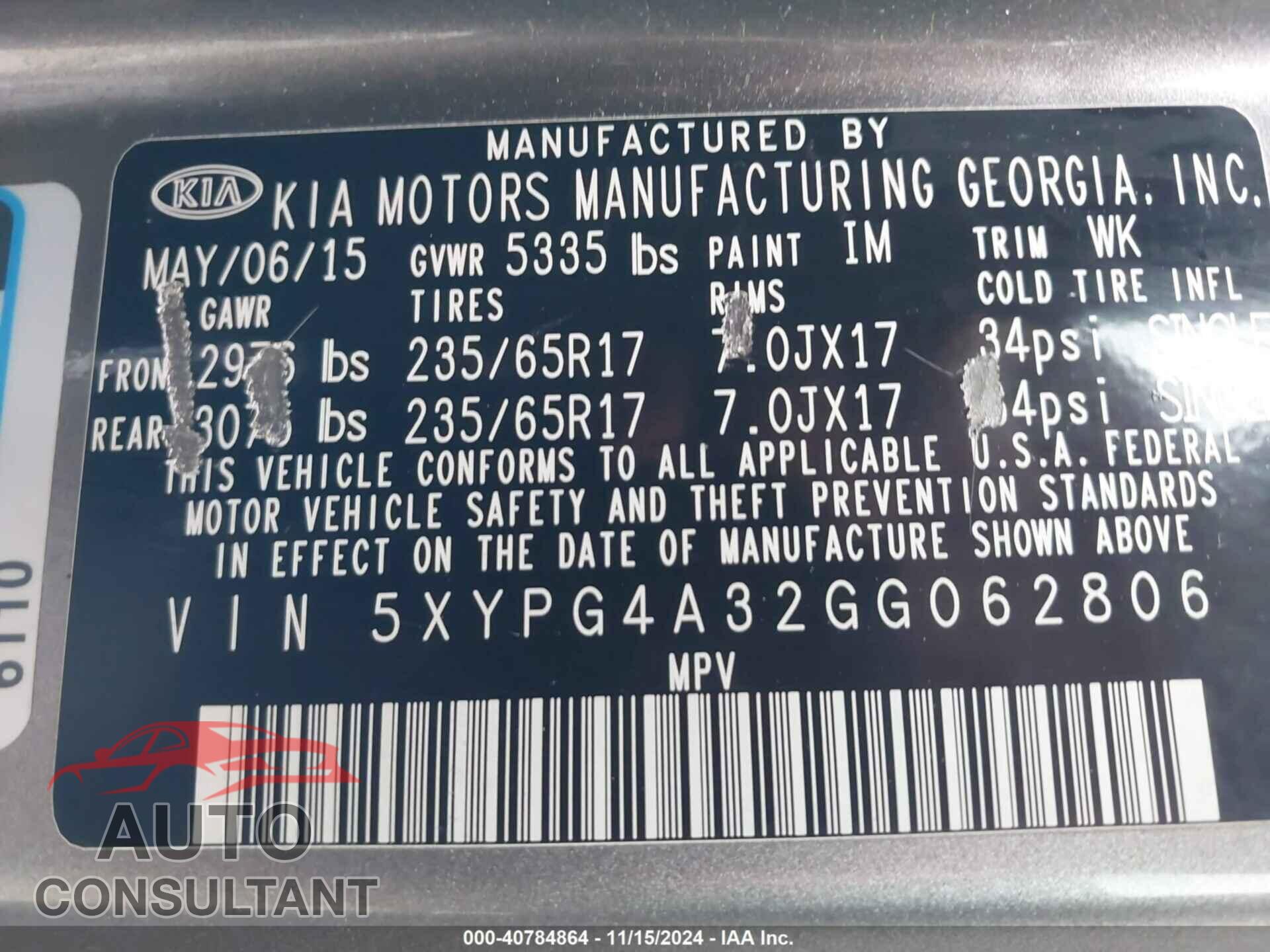 KIA SORENTO 2016 - 5XYPG4A32GG062806