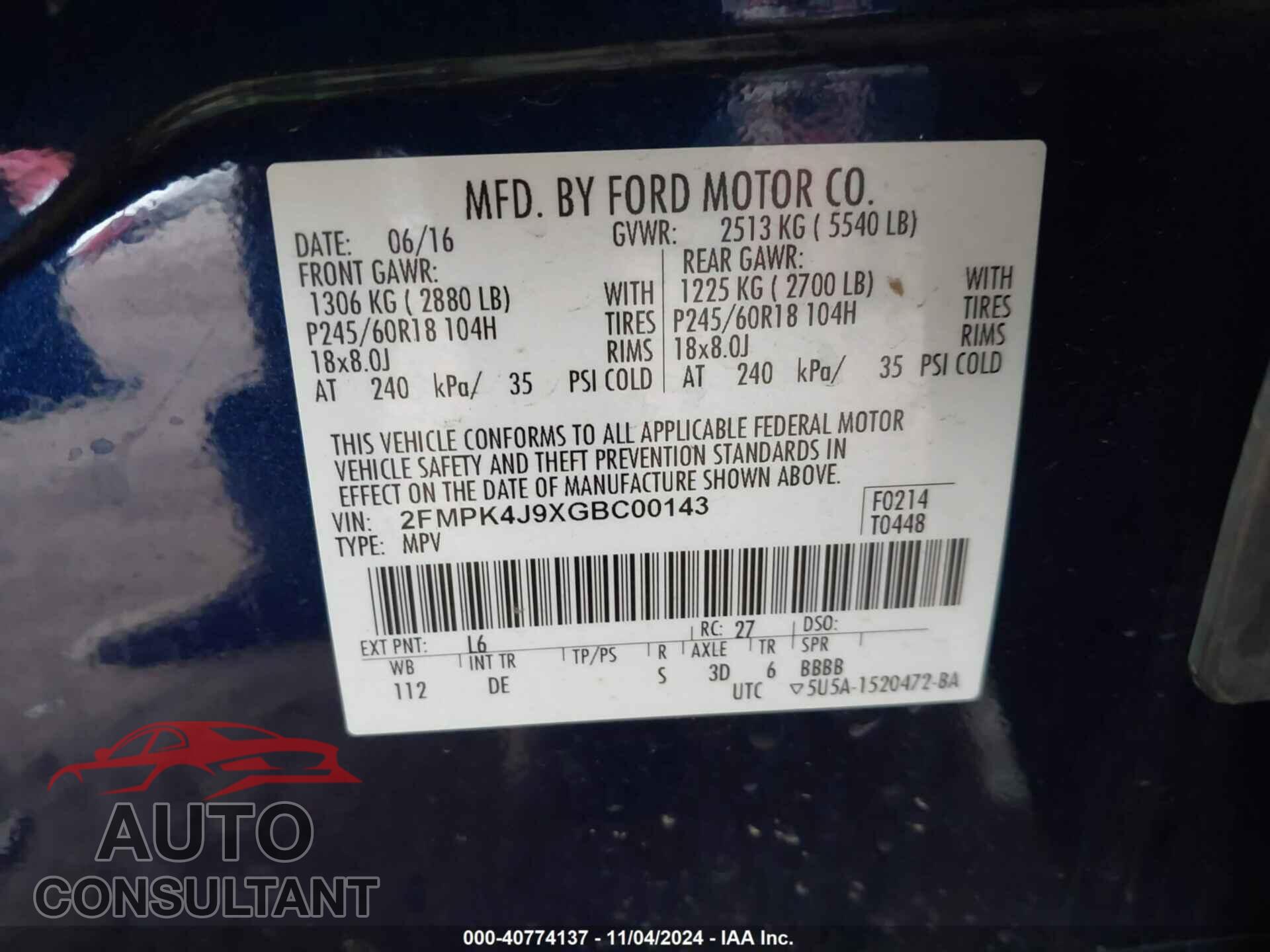 FORD EDGE 2016 - 2FMPK4J9XGBC00143