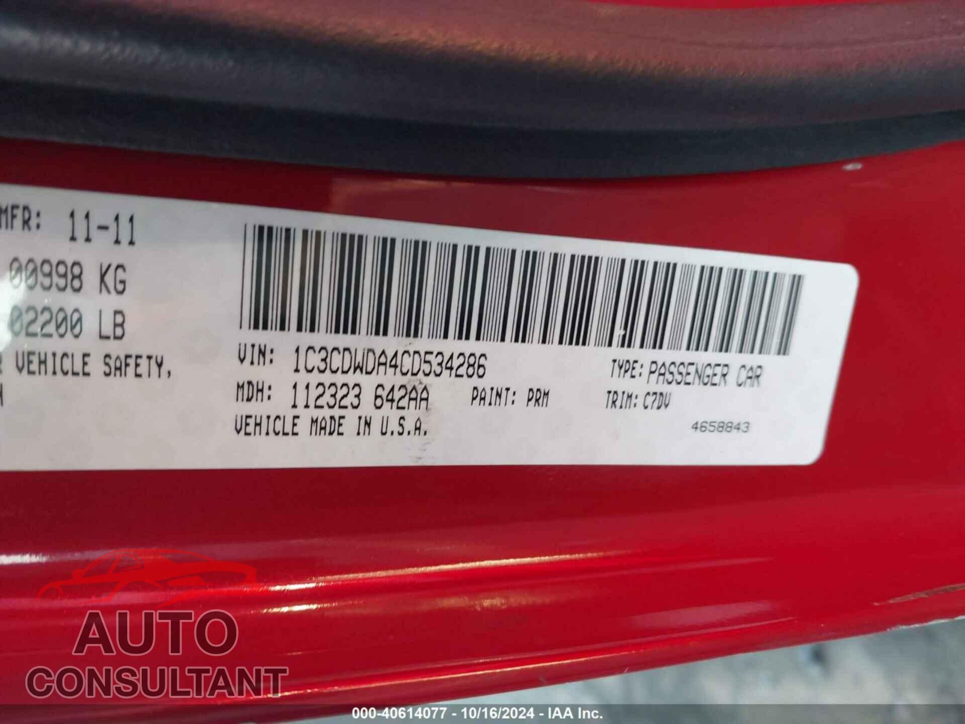 DODGE CALIBER 2012 - 1C3CDWDA4CD534286