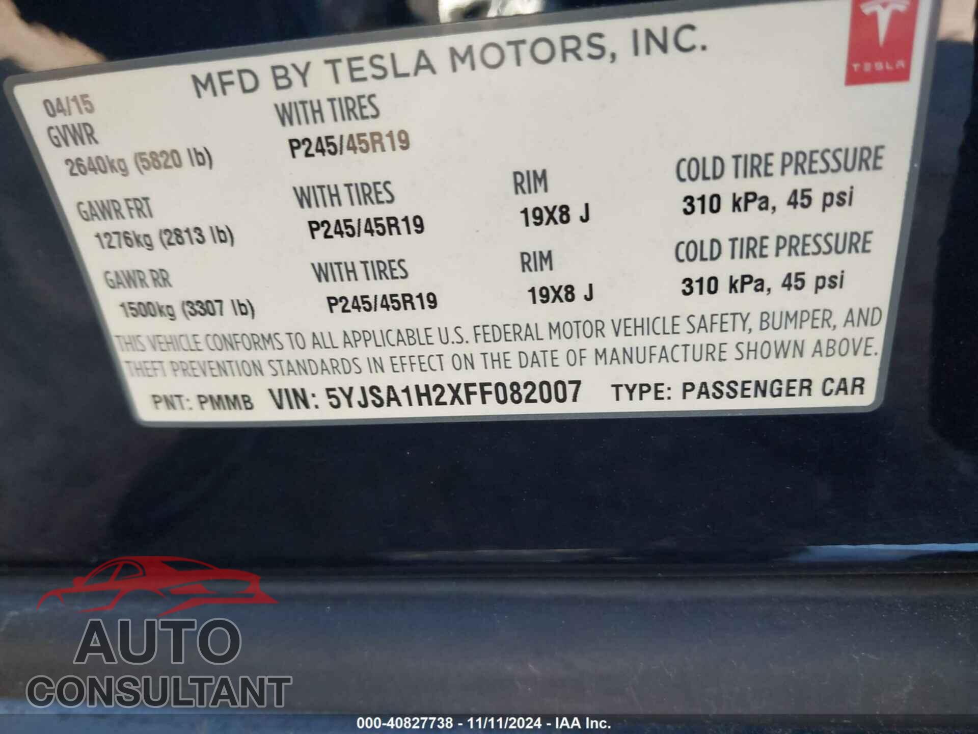 TESLA MODEL S 2015 - 5YJSA1H2XFF082007