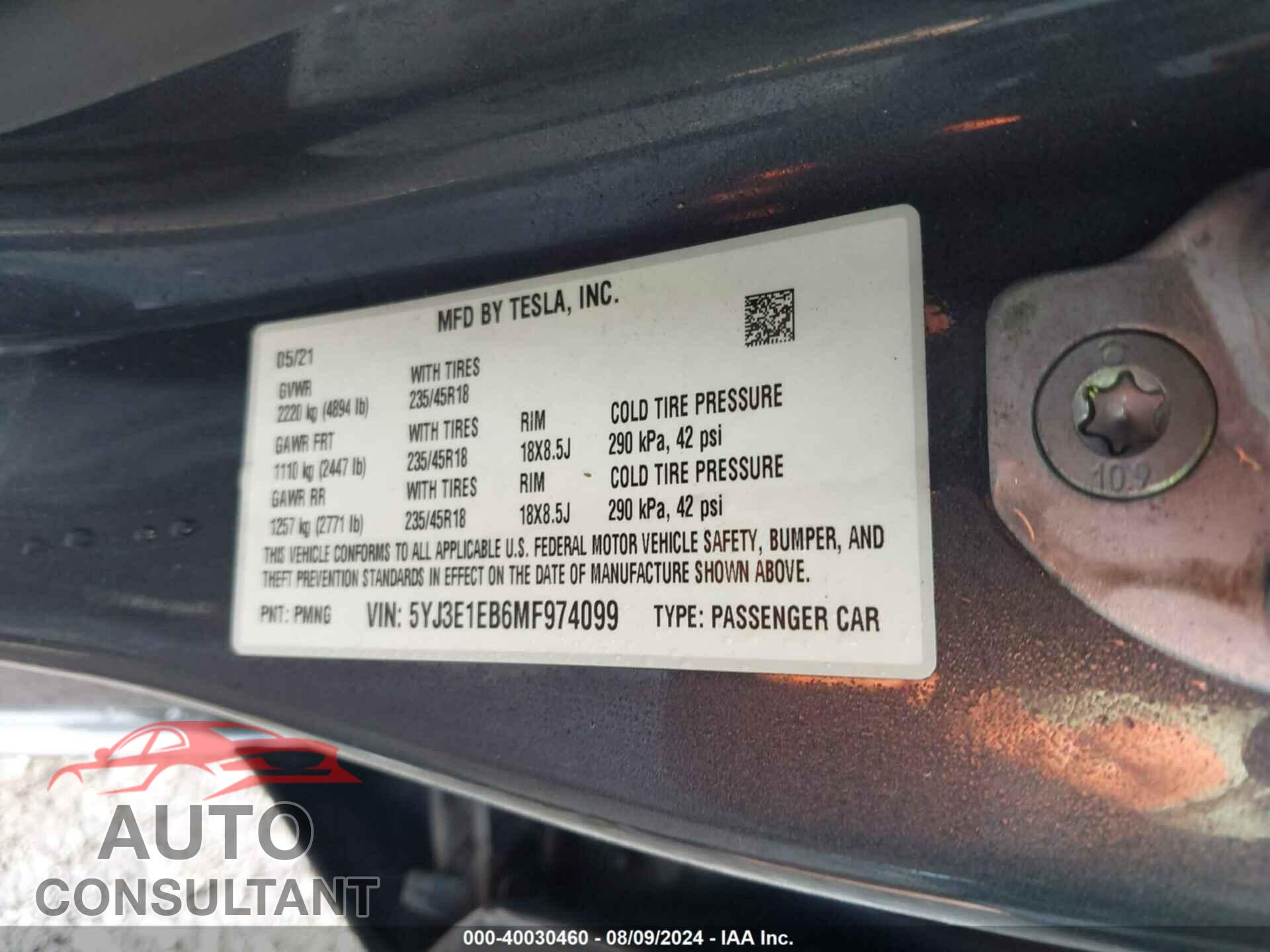 TESLA MODEL 3 2021 - 5YJ3E1EB6MF974099