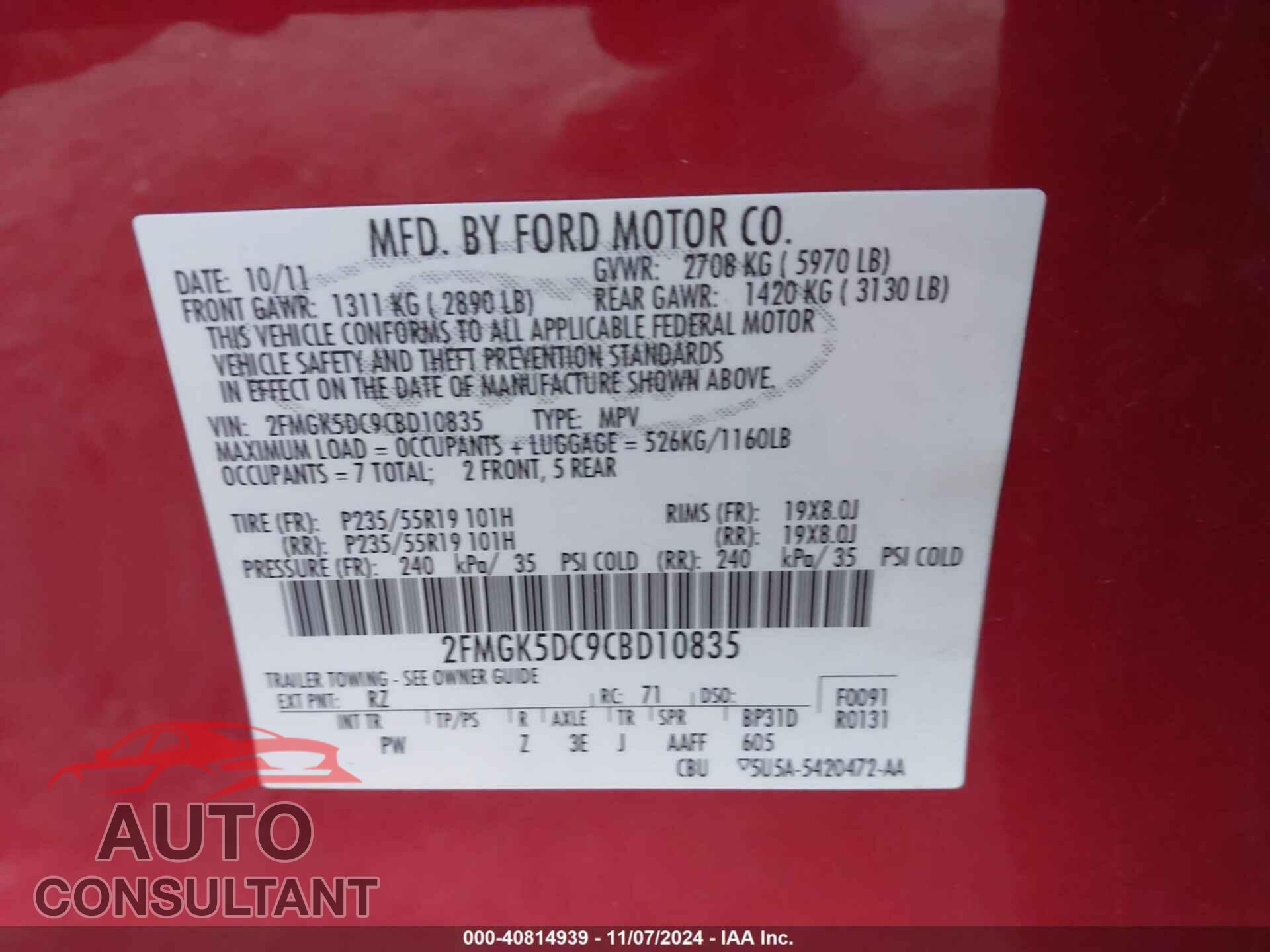 FORD FLEX 2012 - 2FMGK5DC9CBD10835
