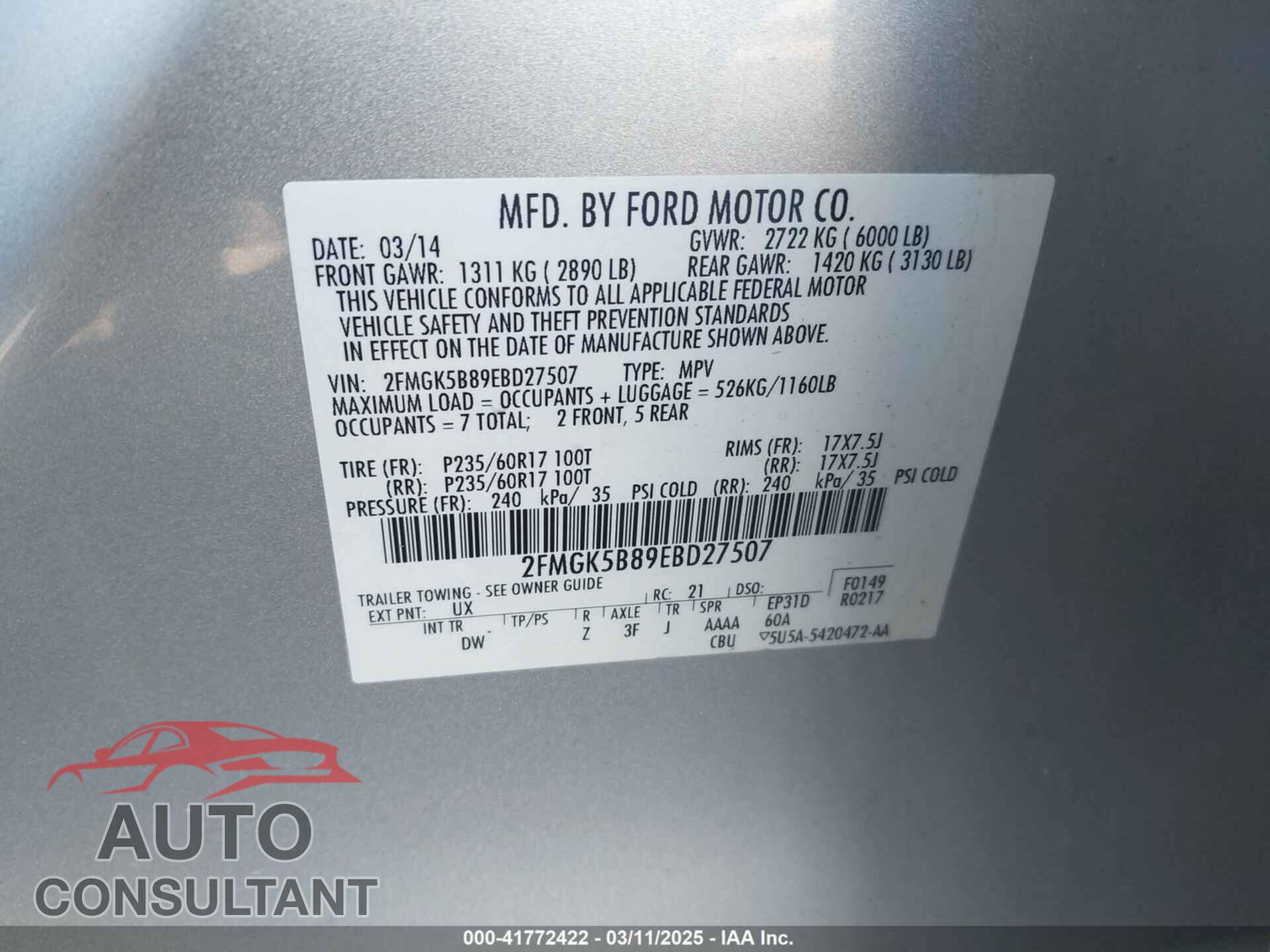 FORD FLEX 2014 - 2FMGK5B89EBD27507