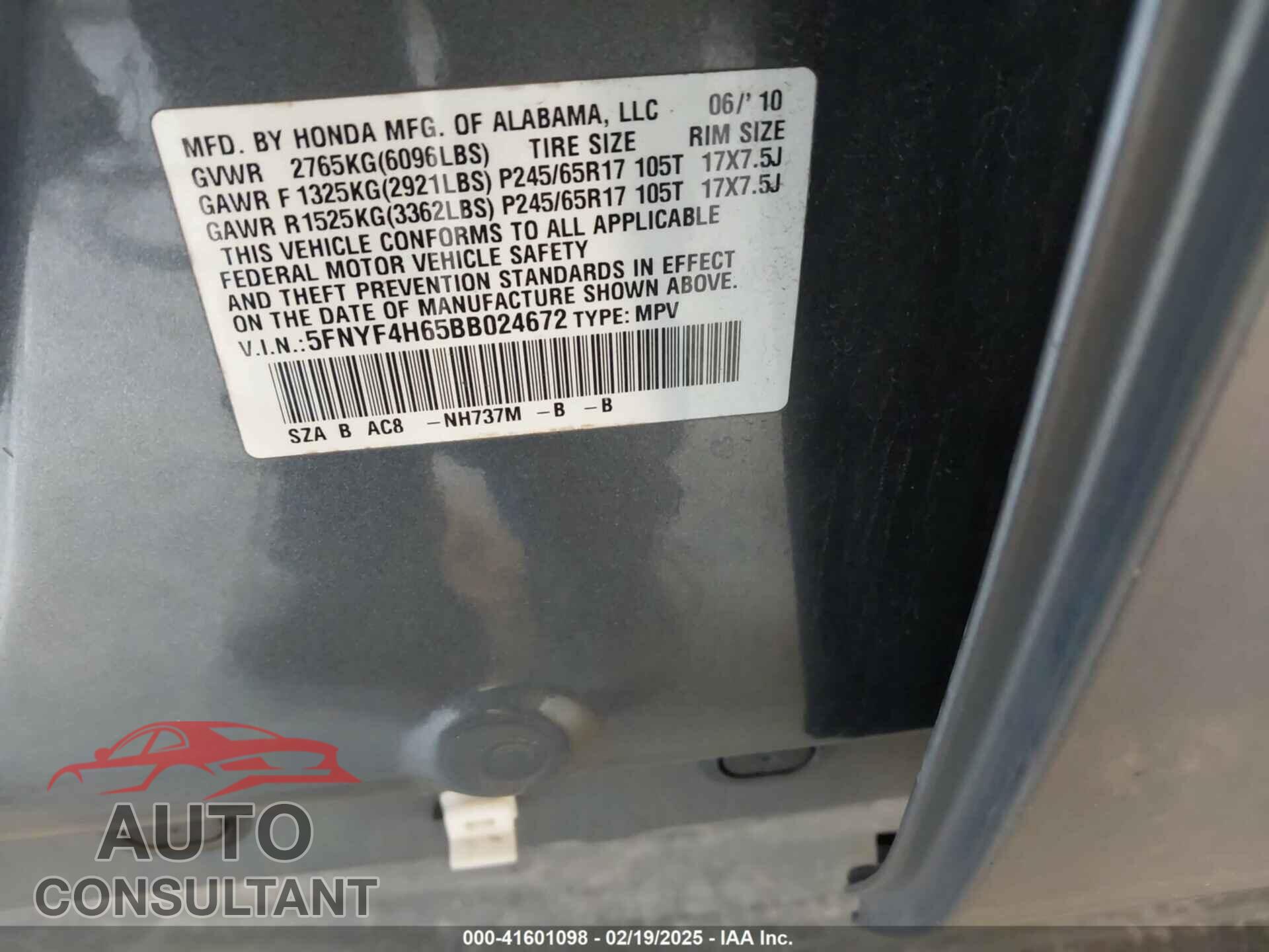 HONDA PILOT 2011 - 5FNYF4H65BB024672