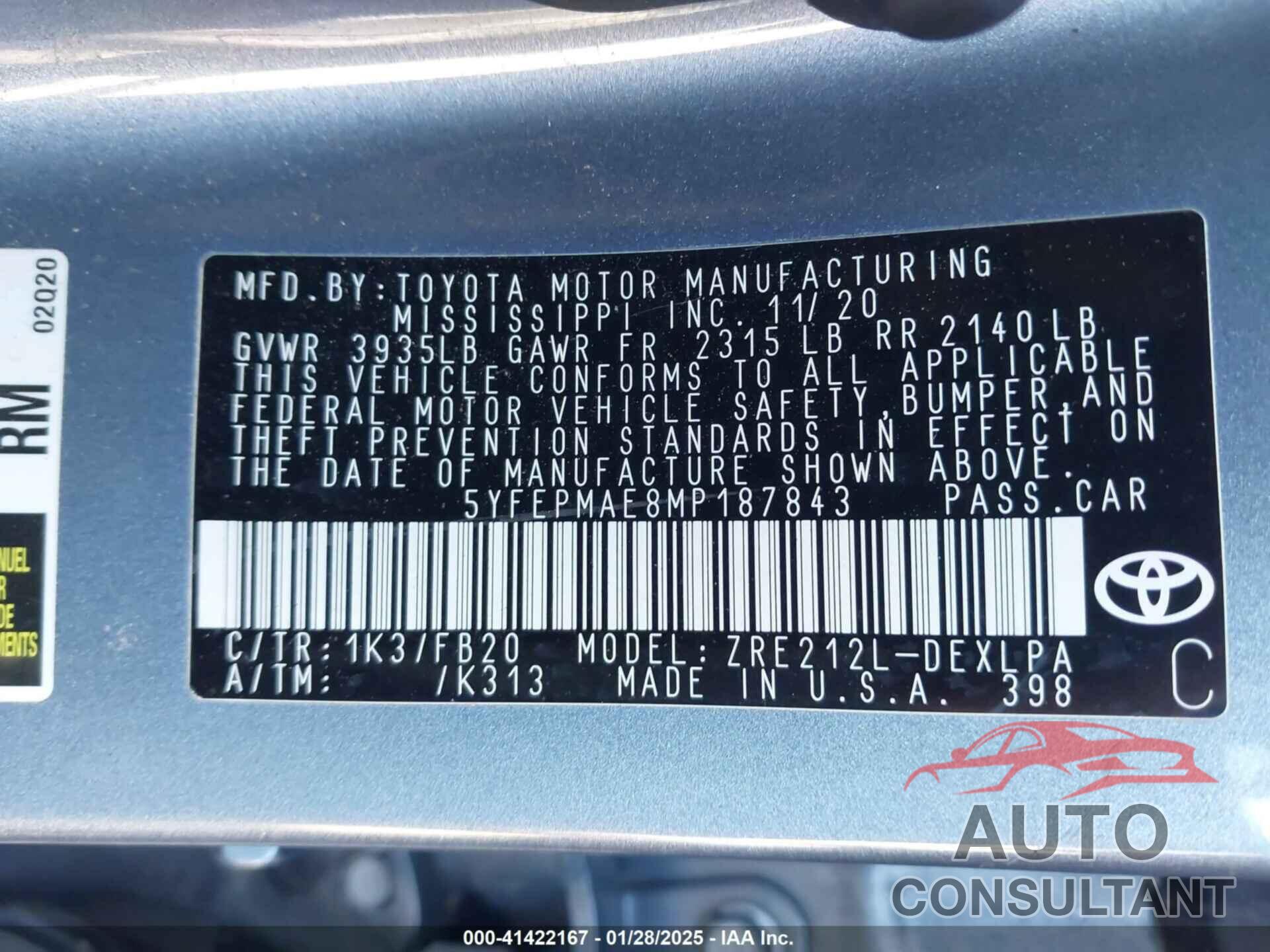 TOYOTA COROLLA 2021 - 5YFEPMAE8MP187843