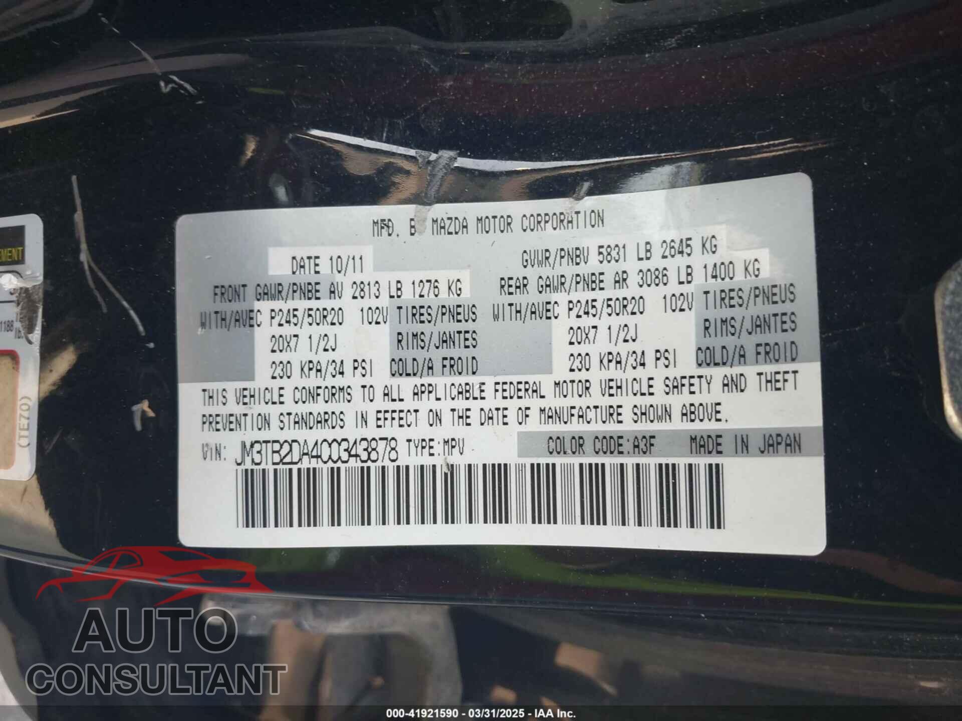MAZDA CX-9 2012 - JM3TB2DA4C0343878
