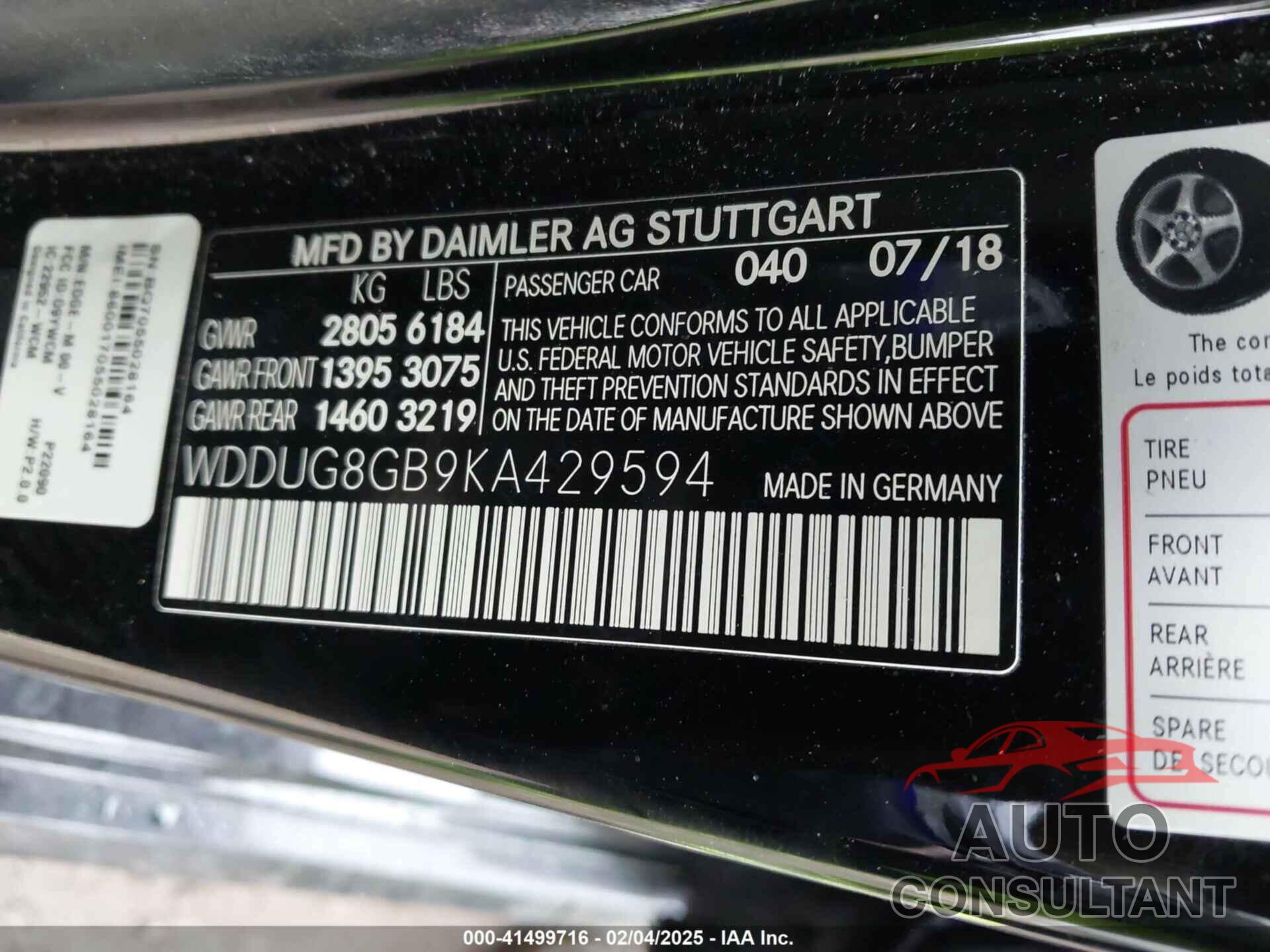 MERCEDES-BENZ S 560 2019 - WDDUG8GB9KA429594