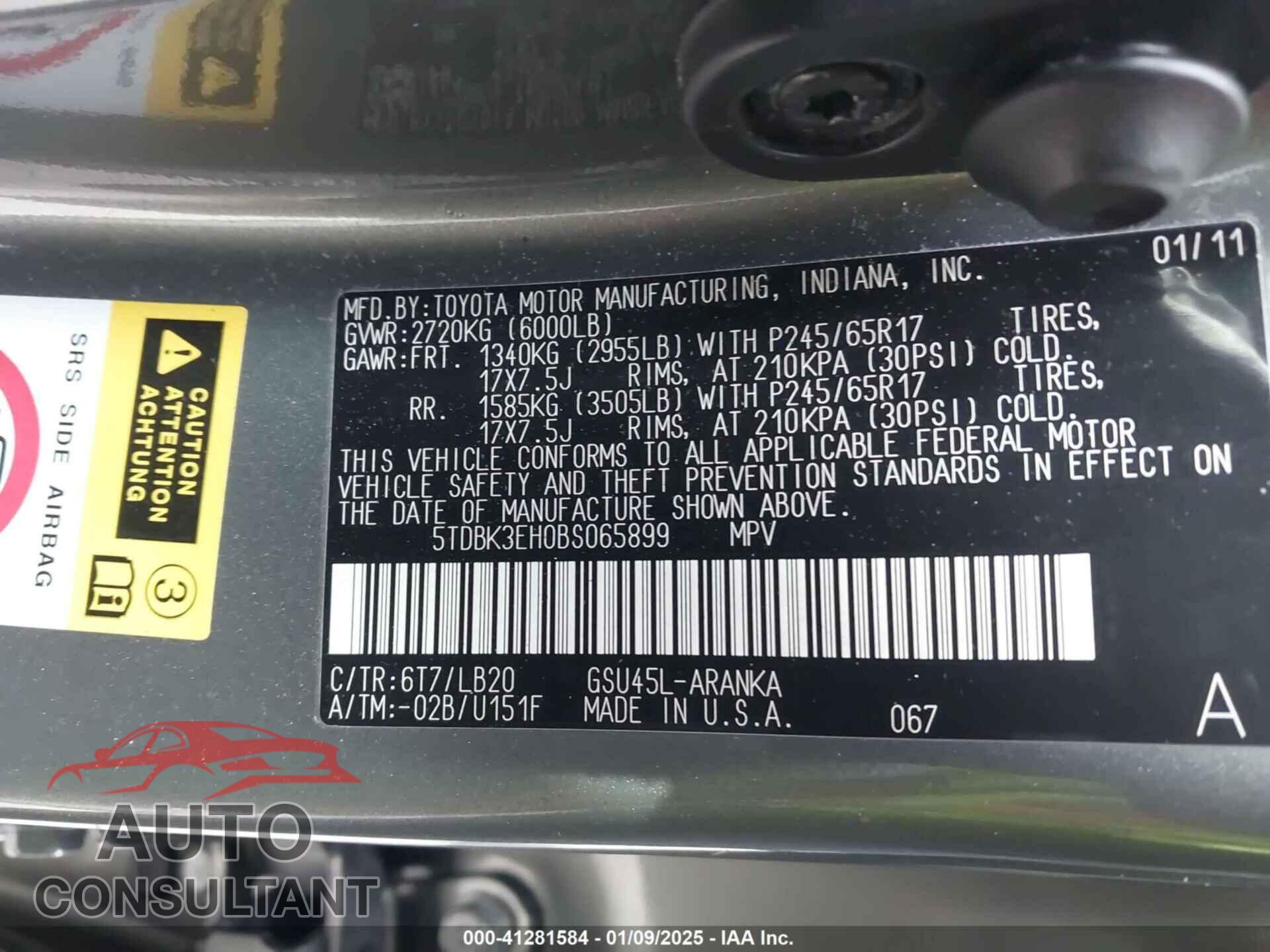 TOYOTA HIGHLANDER 2011 - 5TDBK3EH0BS065899