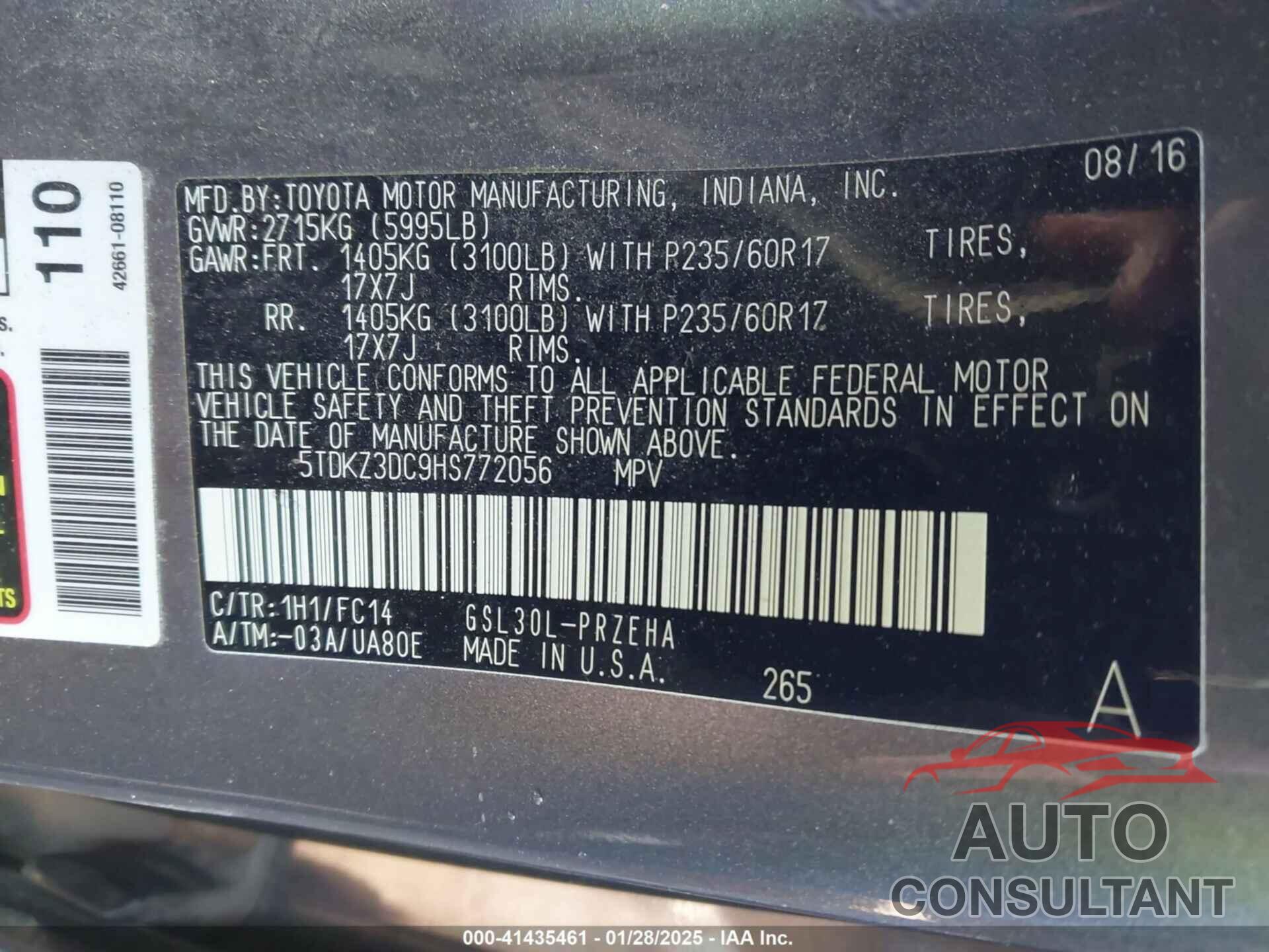 TOYOTA SIENNA 2017 - 5TDKZ3DC9HS772056