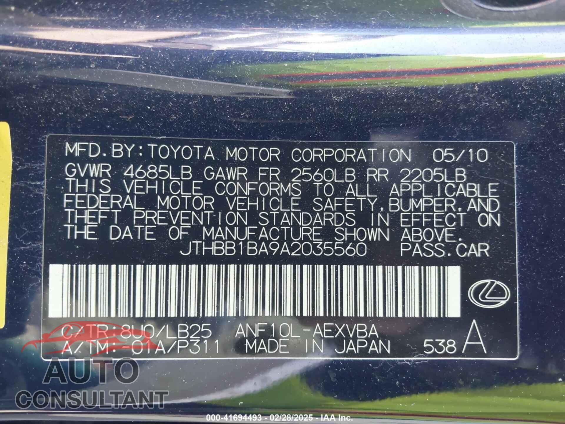 LEXUS HS 2010 - JTHBB1BA9A2035560