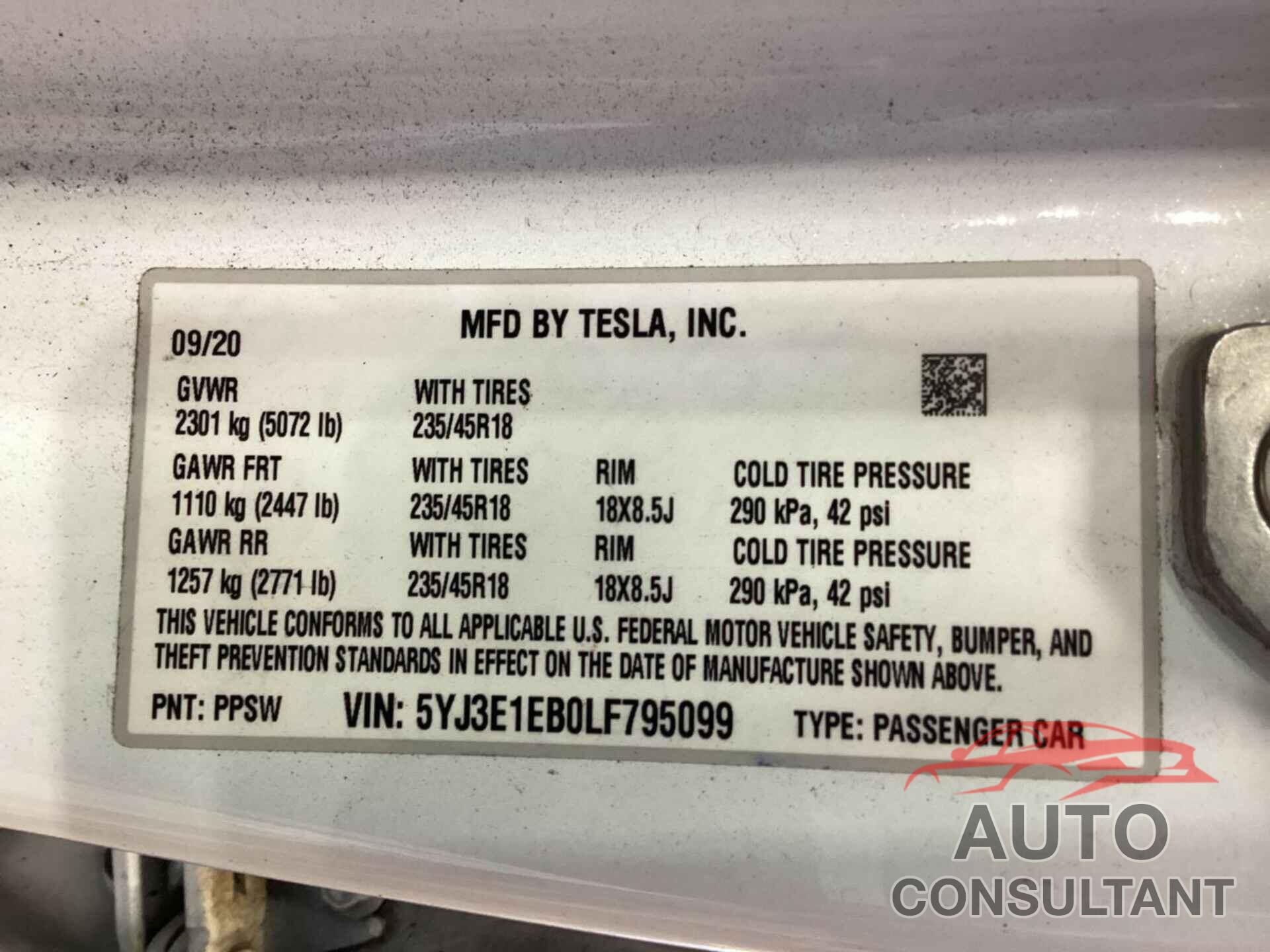 TESLA MODEL 3 2020 - 5YJ3E1EB0LF795099