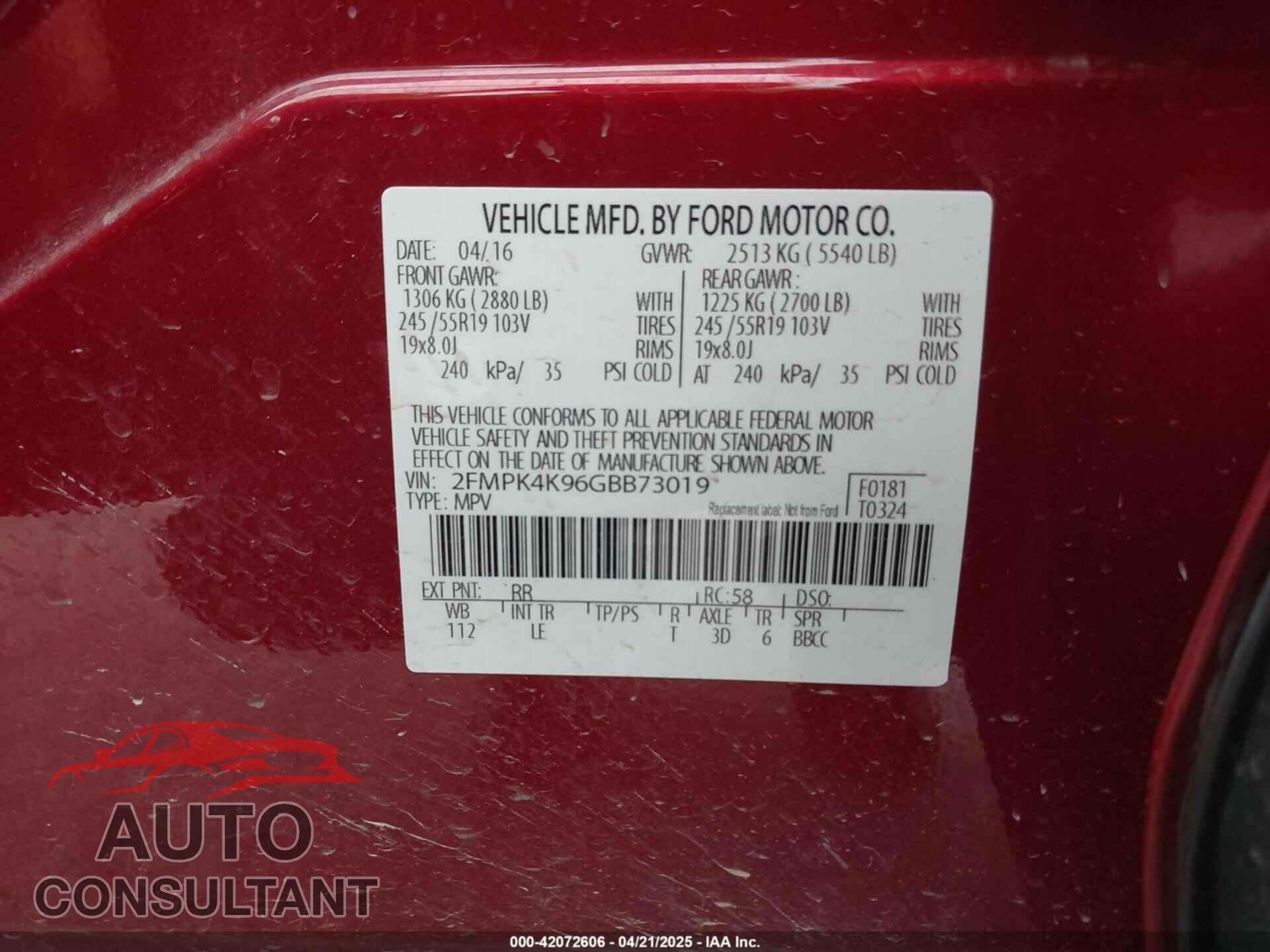 FORD EDGE 2016 - 2FMPK4K96GBB73019