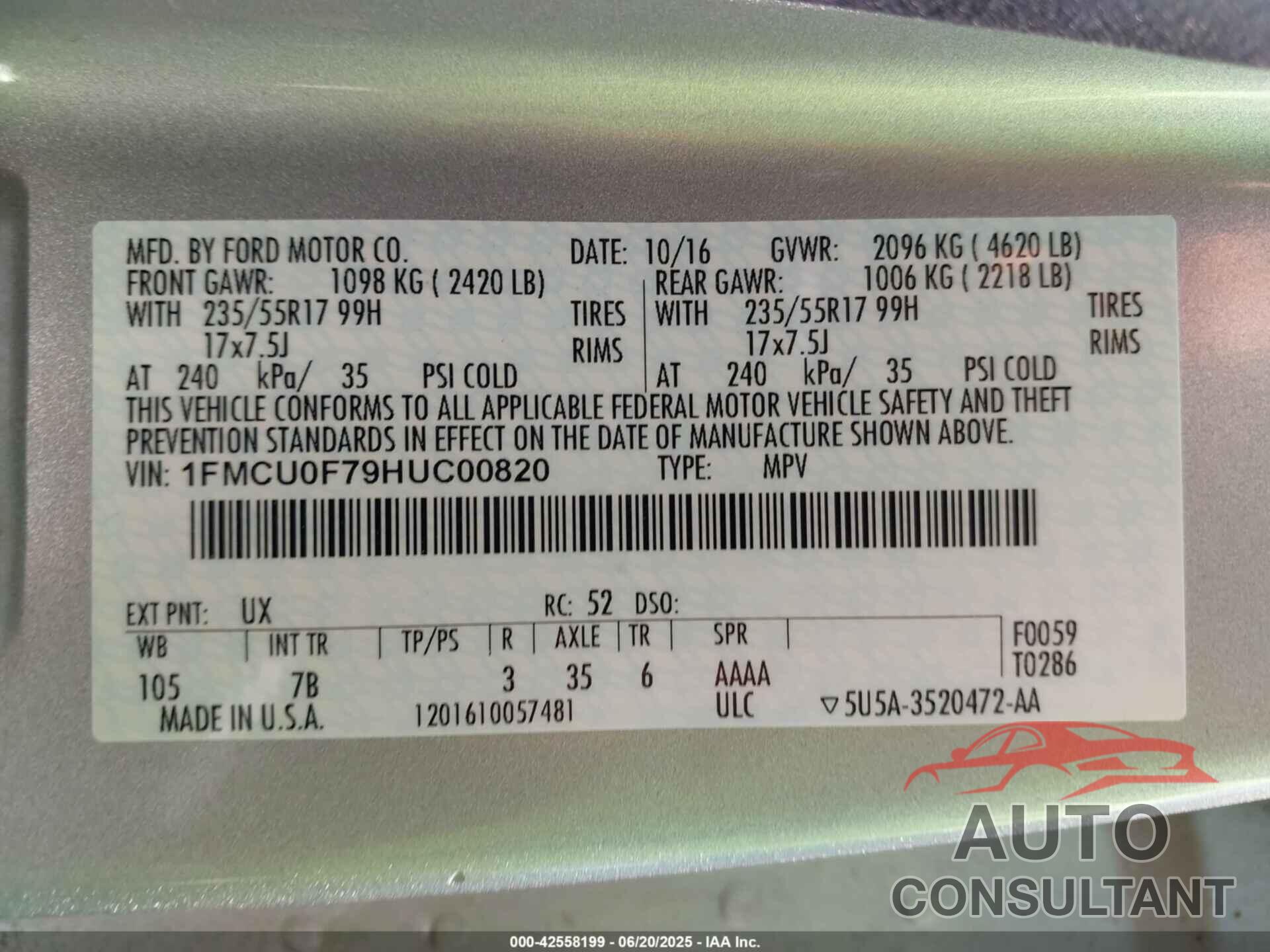 FORD ESCAPE 2017 - 1FMCU0F79HUC00820
