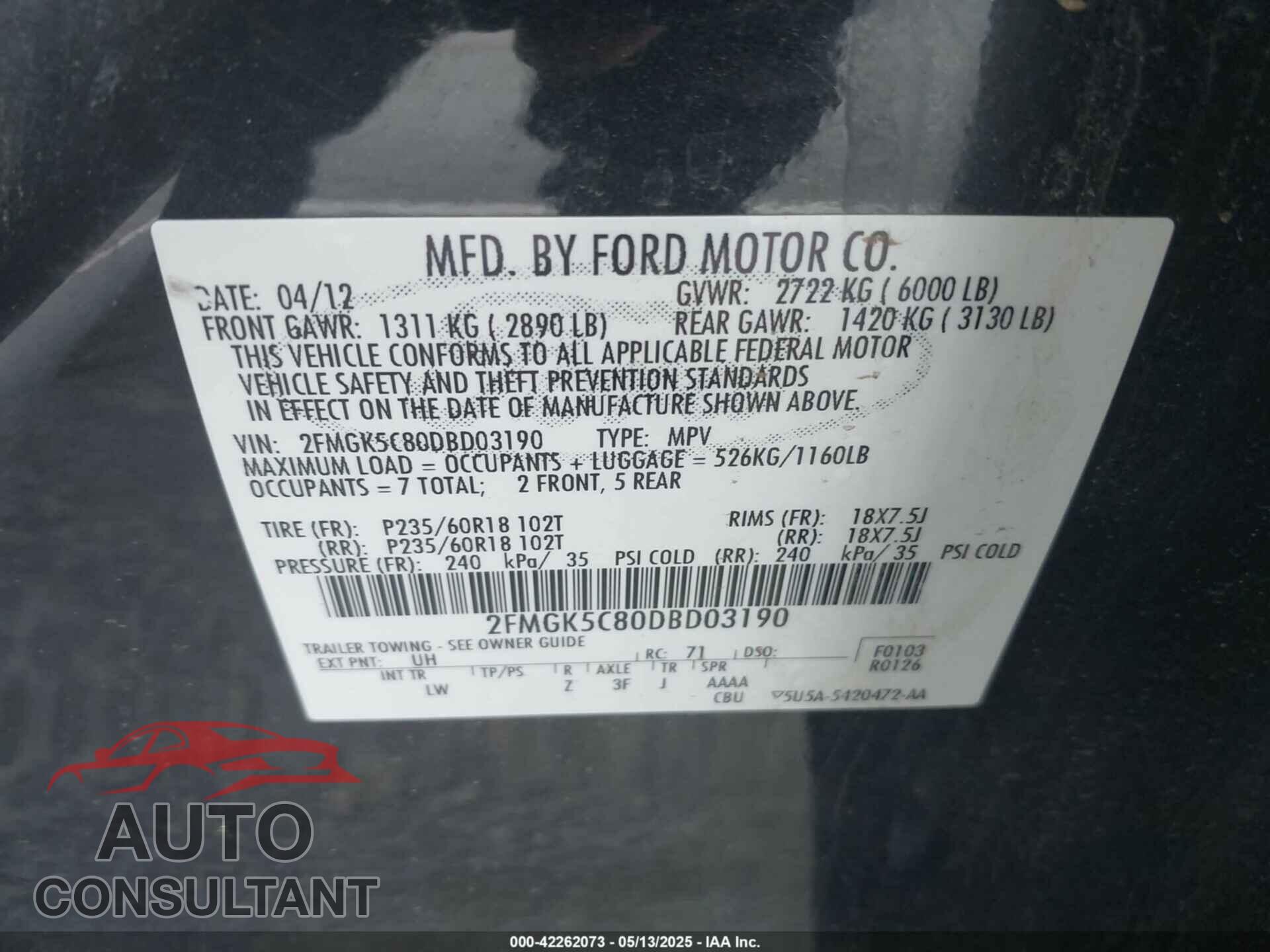 FORD FLEX 2013 - 2FMGK5C80DBD03190