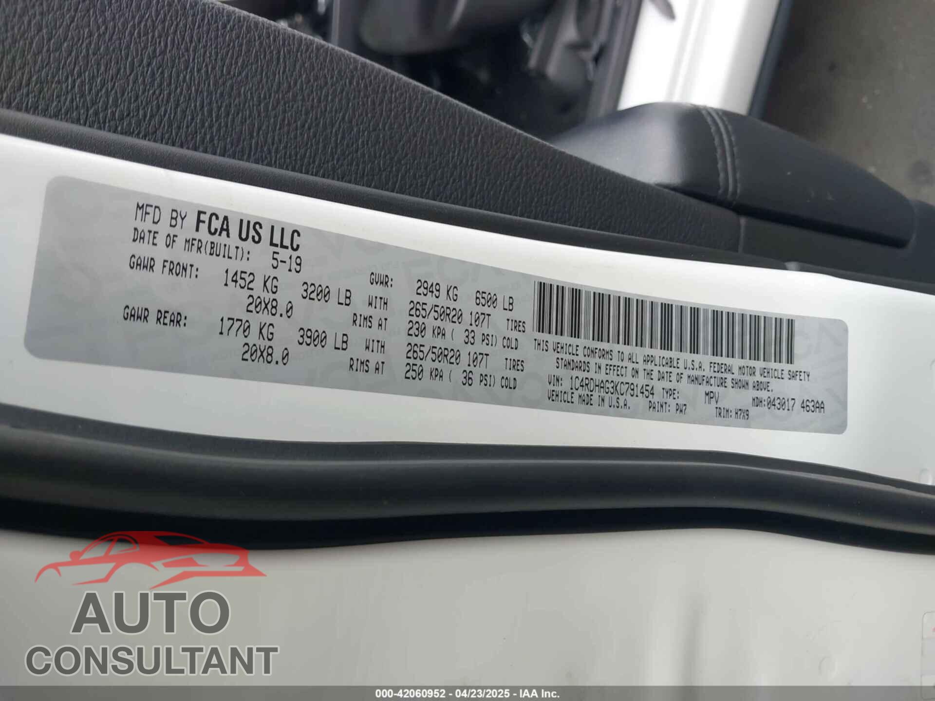 DODGE DURANGO 2019 - 1C4RDHAG3KC791454