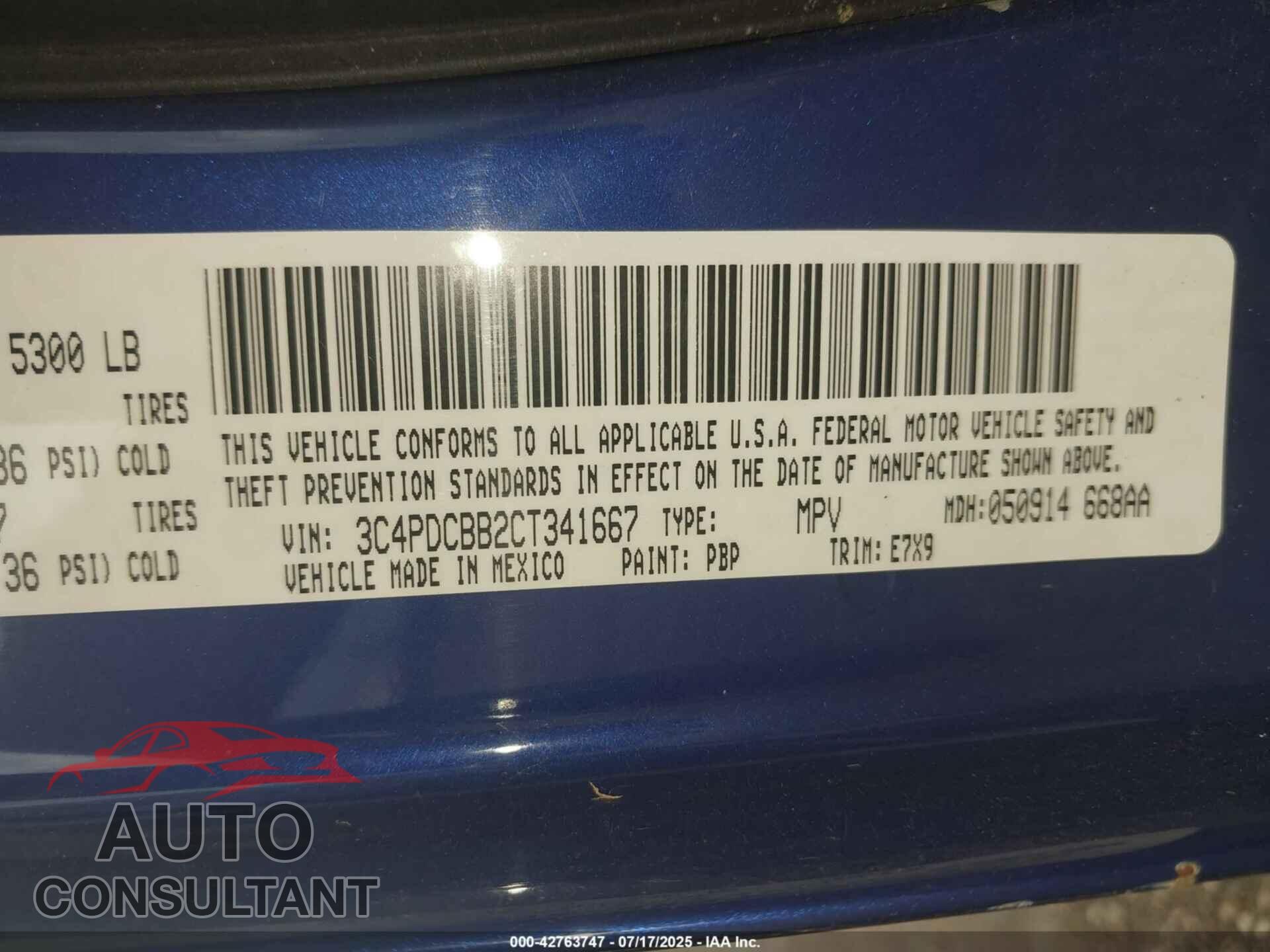 DODGE JOURNEY 2012 - 3C4PDCBB2CT341667