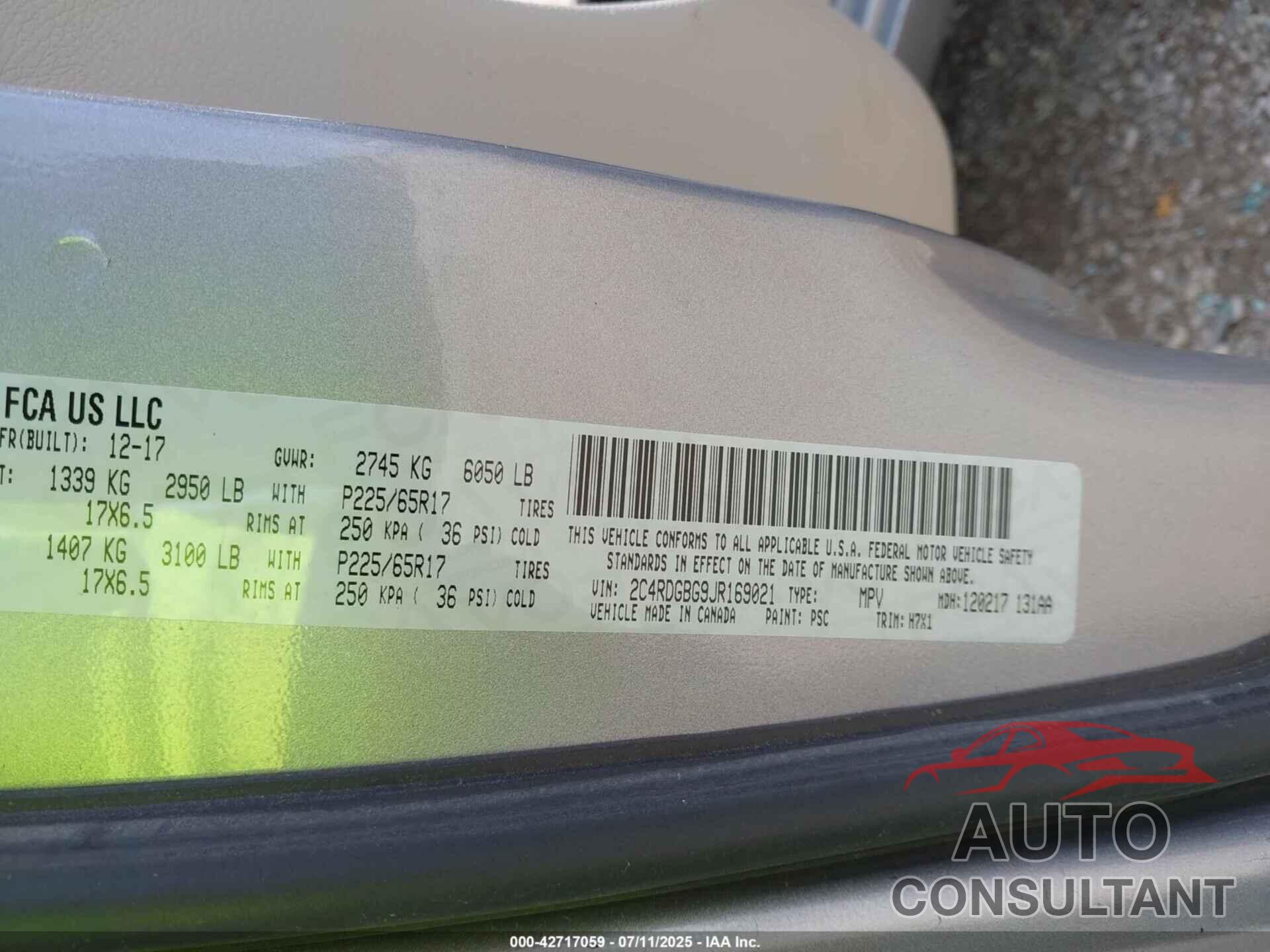 DODGE GRAND CARAVAN 2018 - 2C4RDGBG9JR169021
