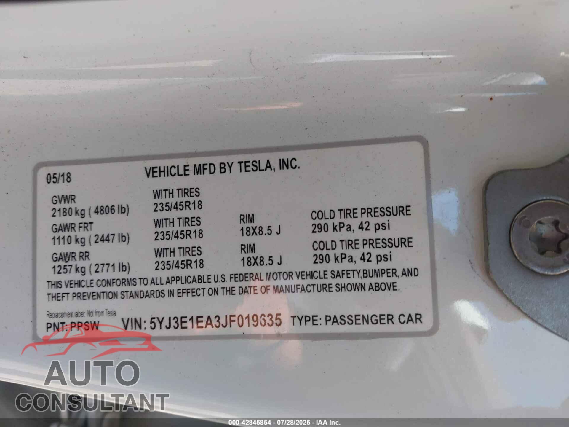 TESLA MODEL 3 2018 - 5YJ3E1EA3JF019635