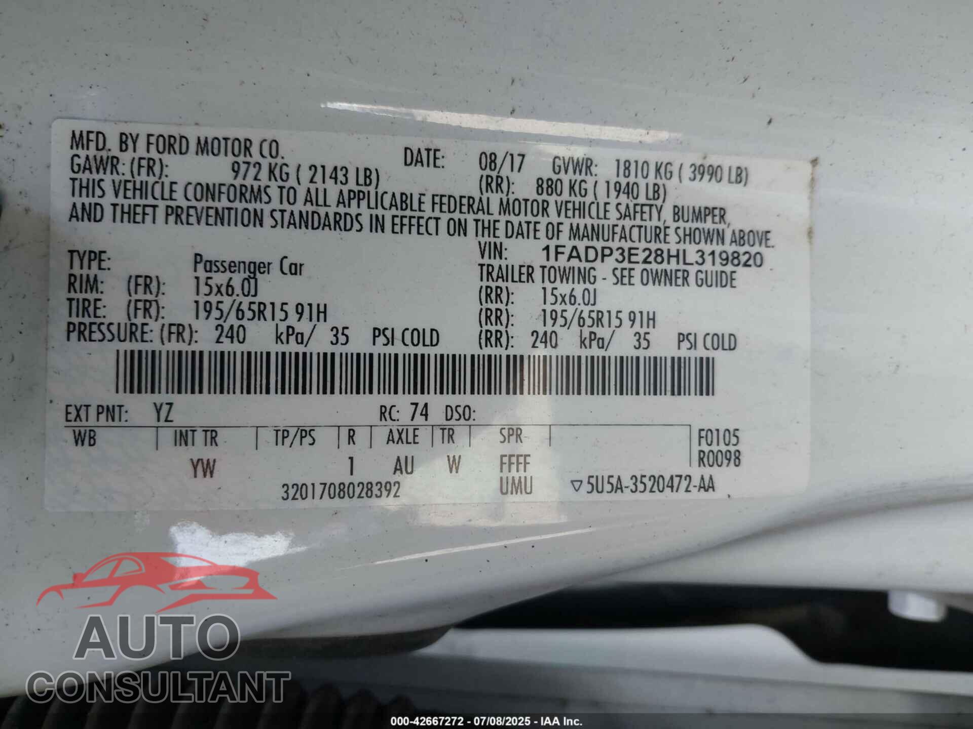 FORD FOCUS 2017 - 1FADP3E28HL319820
