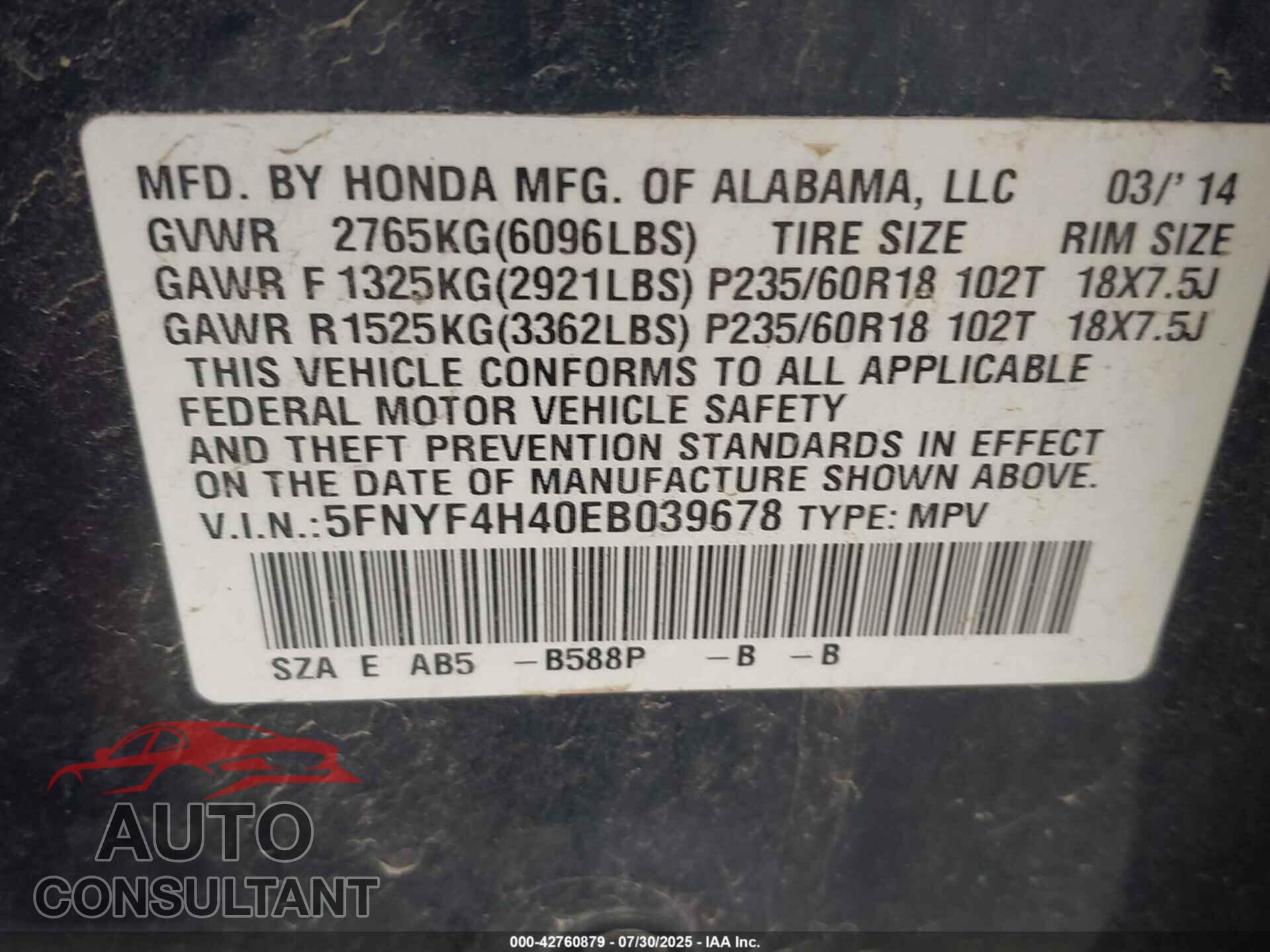 HONDA PILOT 2014 - 5FNYF4H40EB039678
