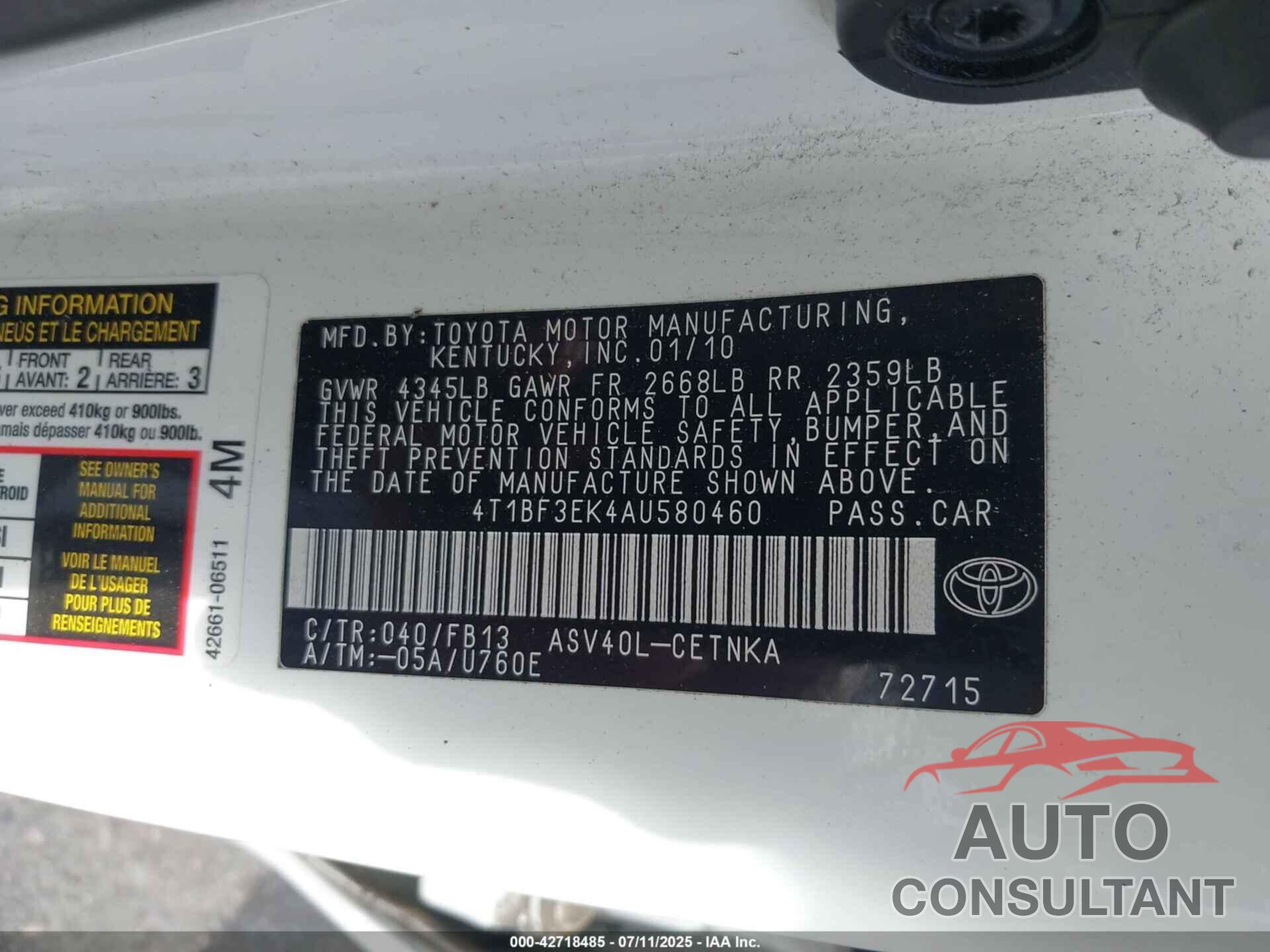 TOYOTA CAMRY 2010 - 4T1BF3EK4AU580460