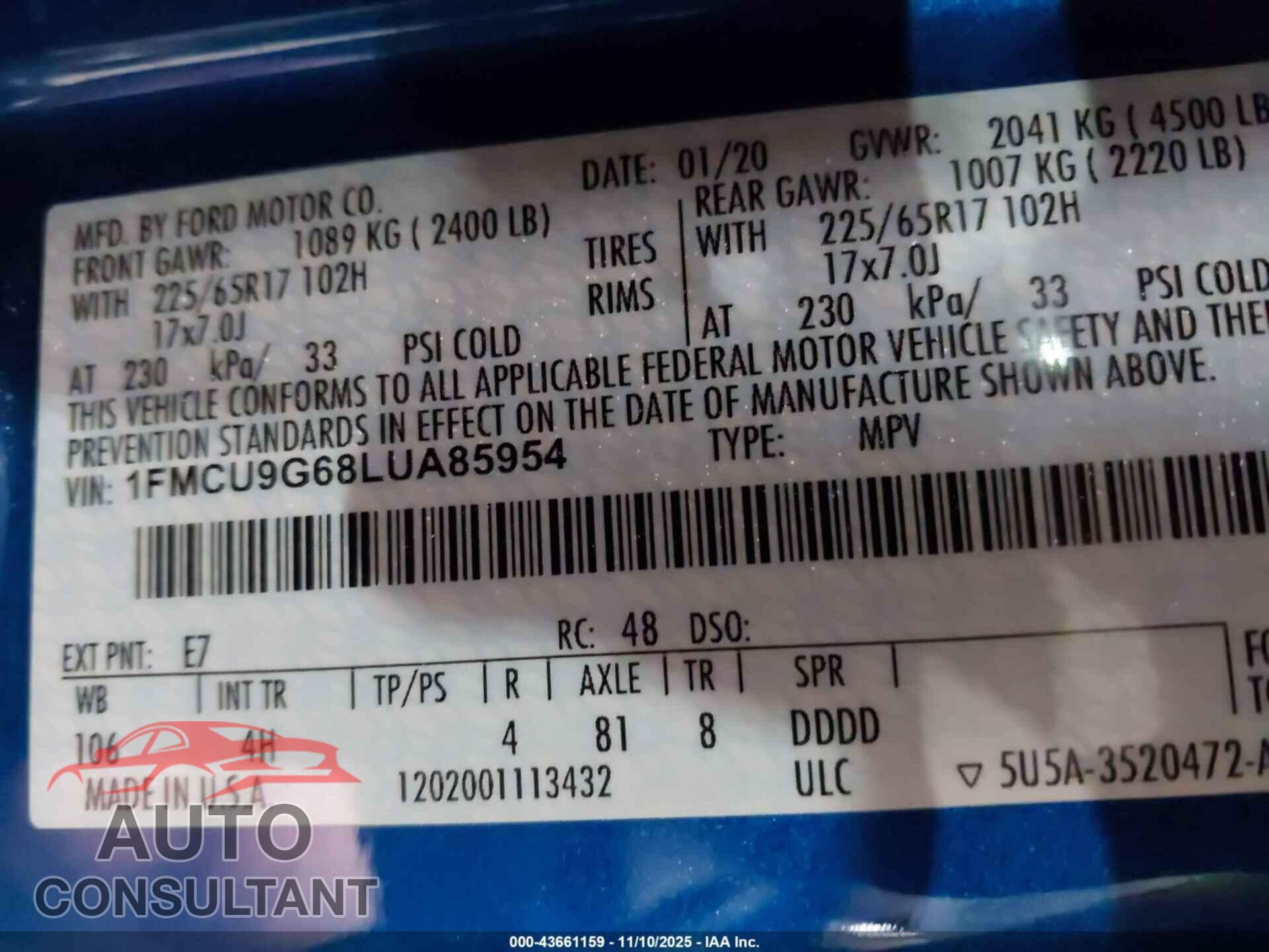 FORD ESCAPE 2020 - 1FMCU9G68LUA85954
