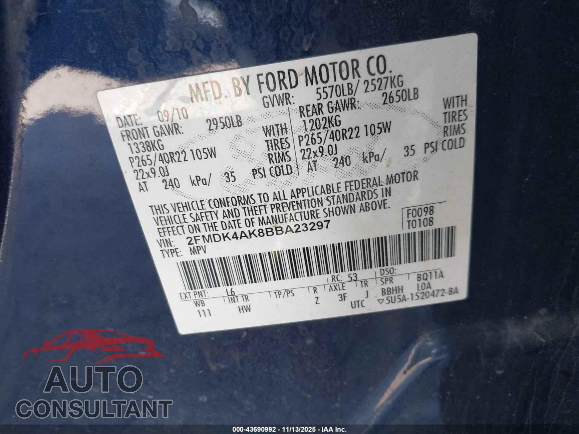 FORD EDGE 2011 - 2FMDK4AK8BBA23297