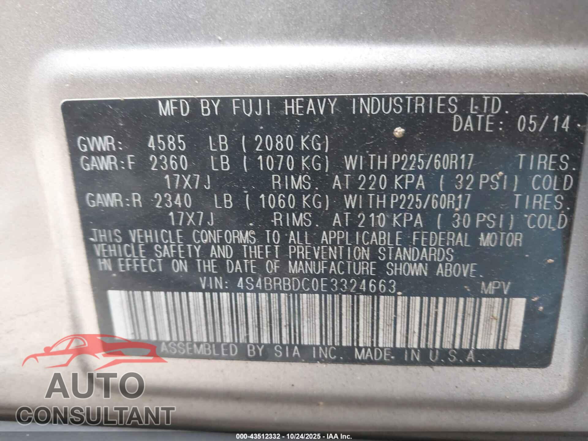 SUBARU OUTBACK 2014 - 4S4BRBDC0E3324663