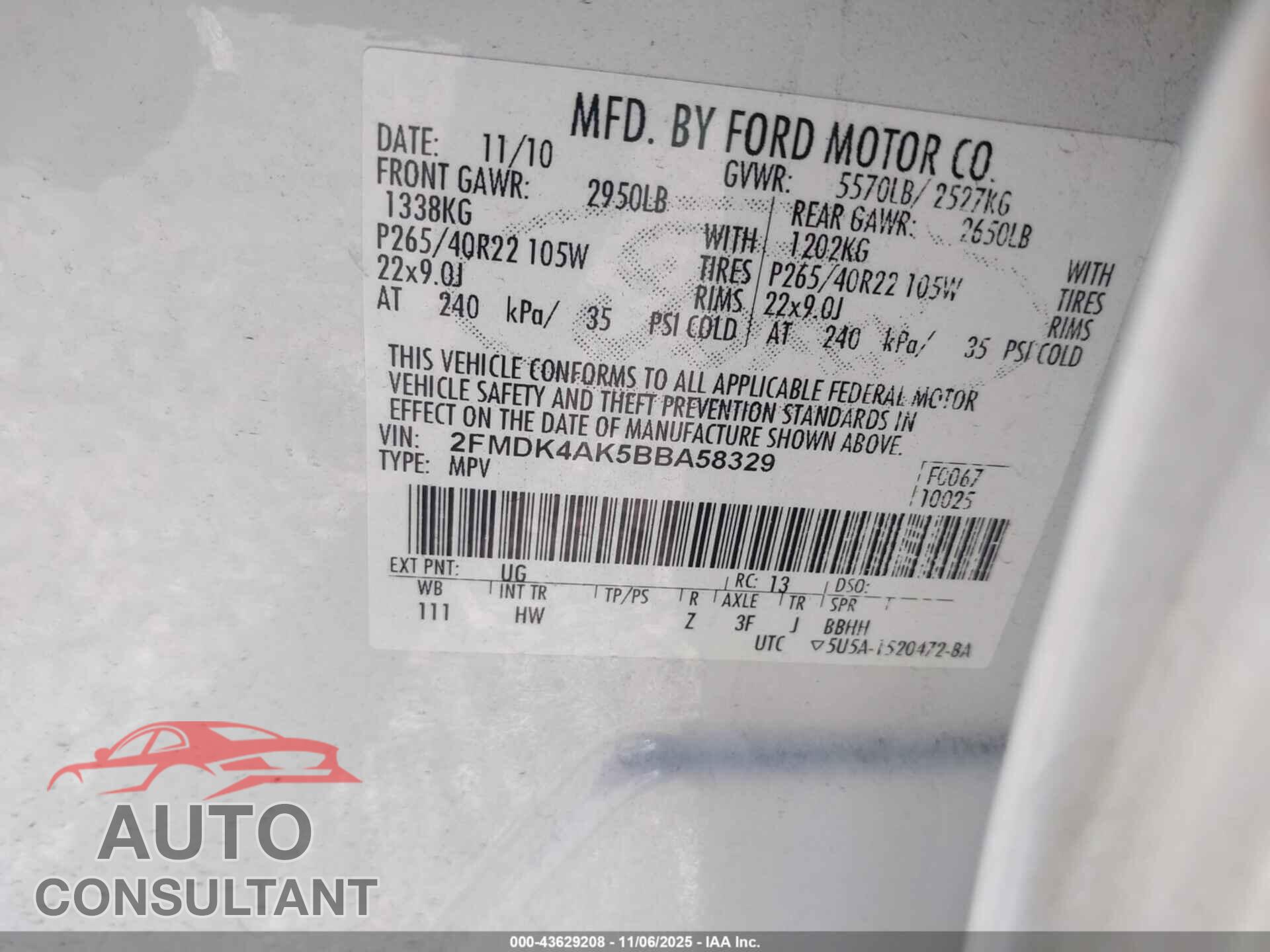FORD EDGE 2011 - 2FMDK4AK5BBA58329