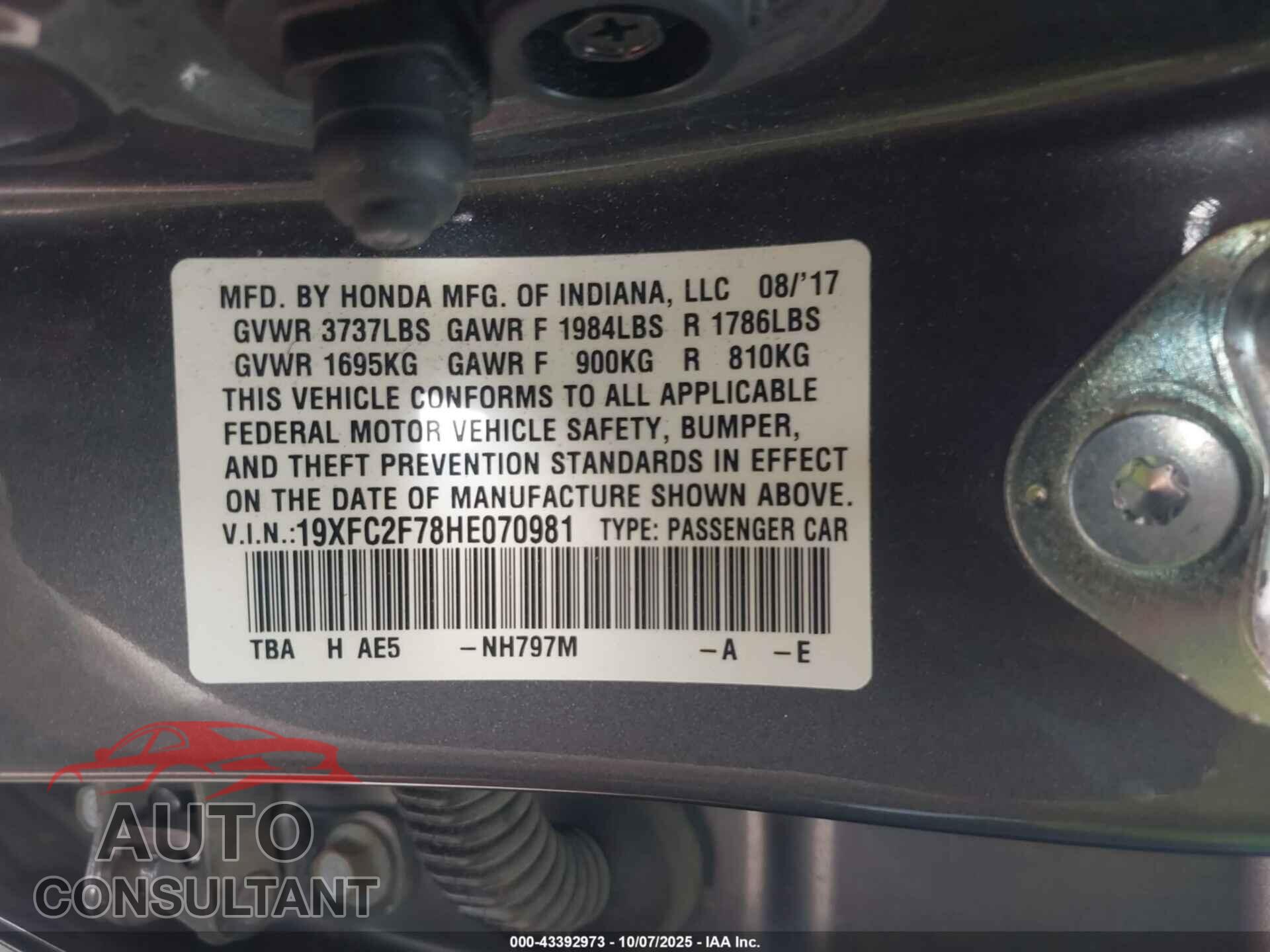 HONDA CIVIC 2017 - 19XFC2F78HE070981