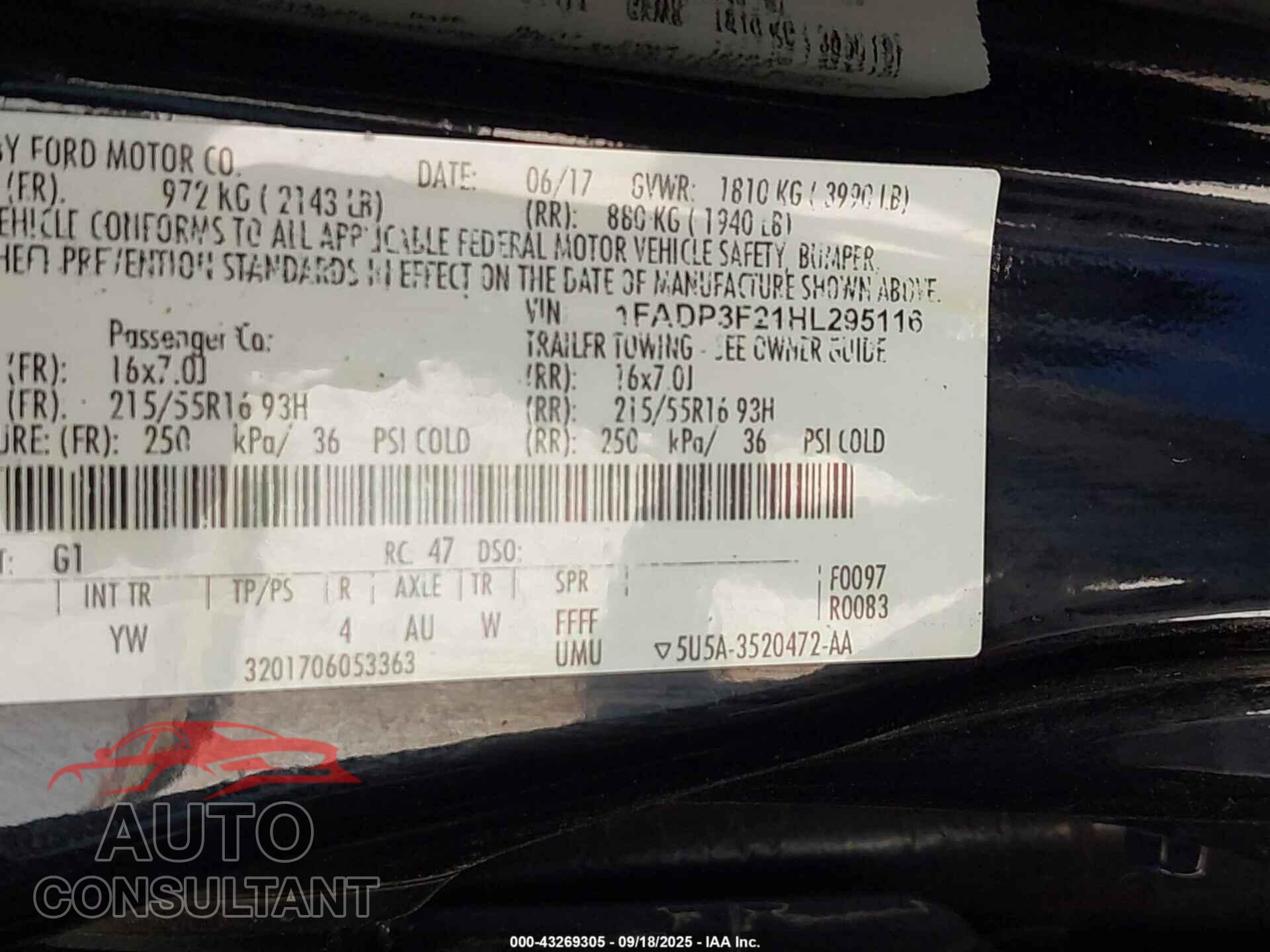 FORD FOCUS 2017 - 1FADP3F21HL295116