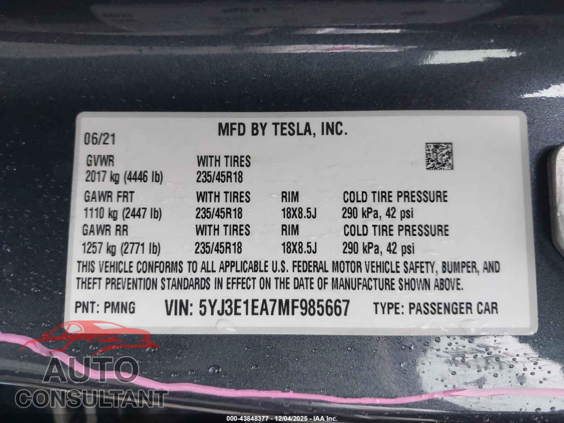TESLA MODEL 3 2021 - 5YJ3E1EA7MF985667